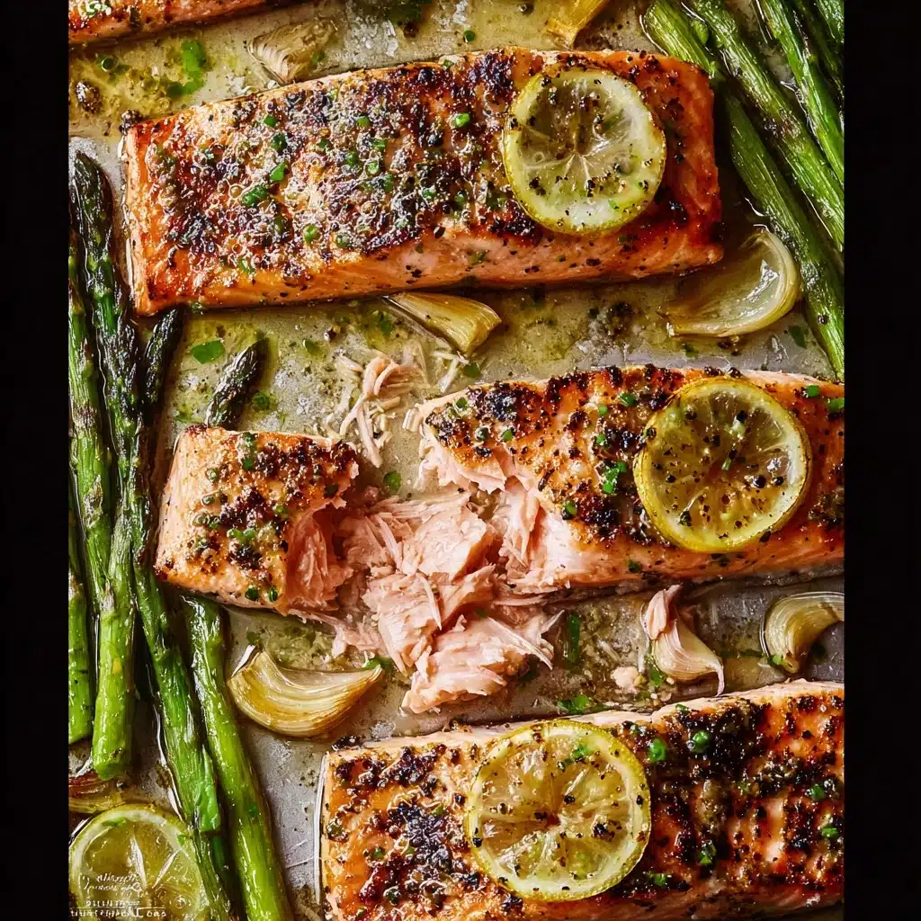 One Pan Lemon Garlic Baked Salmon and Asparagus Recipe - Recipe Image