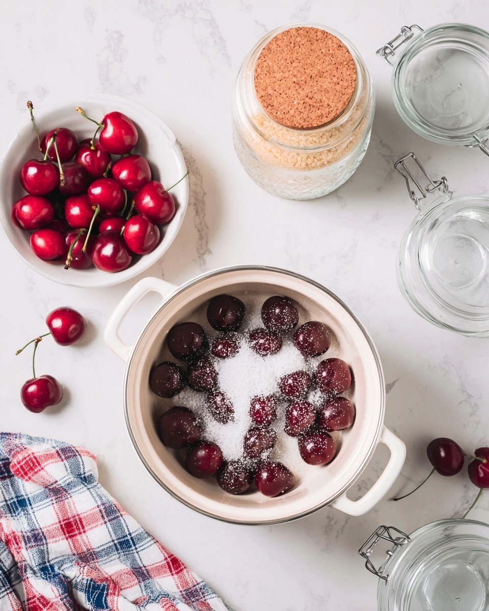 A white pot filled with dark red cherries covered in white sugar granules, positioned in the center on a white marbled surface. Above the pot, there is a glass jar with a cork lid filled with light brown sugar, a small white bowl filled with fresh, bright red cherries with green stems to the left, and two empty glass jars with metal clasps to the right. A plaid cloth with red, blue, and white checks lies nearby on the surface. photo taken with an iphone --ar 4:5 --v 7