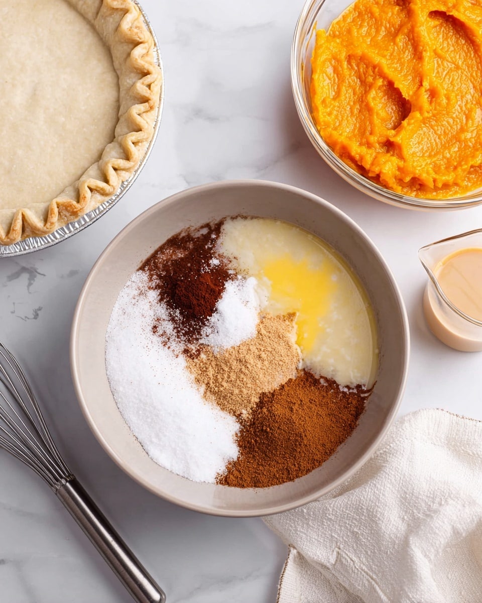 A light gray bowl holds five separate layers of ingredients before mixing: white granulated sugar, dark brown cinnamon powder, a little white salt, light yellow beaten eggs, and dark brown vanilla extract, spread evenly across the bottom. To the left of the bowl is a silver metal whisk laying on a white marbled surface. Above the bowl, a white pie crust with crimped edges sits ready. To the bowl's right, a clear glass bowl full of bright orange pumpkin puree and a clear glass measuring cup with pale liquid are visible. A white cloth is partly shown at the bottom right corner. Photo taken with an iphone --ar 4:5 --v 7