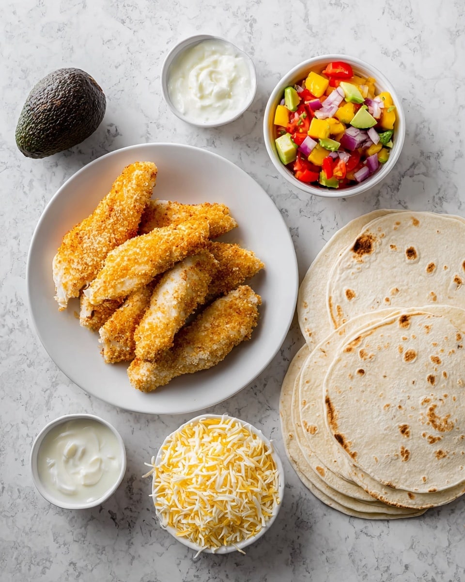 A white plate holds five pieces of golden brown breaded chicken strips arranged loosely, showing a crunchy texture. To the right, there is a stack of four light beige flour tortillas with light brown spots, placed on a white marbled surface. Below the tortillas, a white bowl is filled with shredded pale yellow cheese piled high with a soft texture. Above the plate, there are two small white bowls: one filled with creamy white sour cream and the other with a colorful salsa made of red cherry tomatoes, yellow mango pieces, green cucumber, red onion, and bits of herbs. To the left of the plate, a whole dark green avocado is placed on the white marbled background. photo taken with an iphone --ar 4:5 --v 7