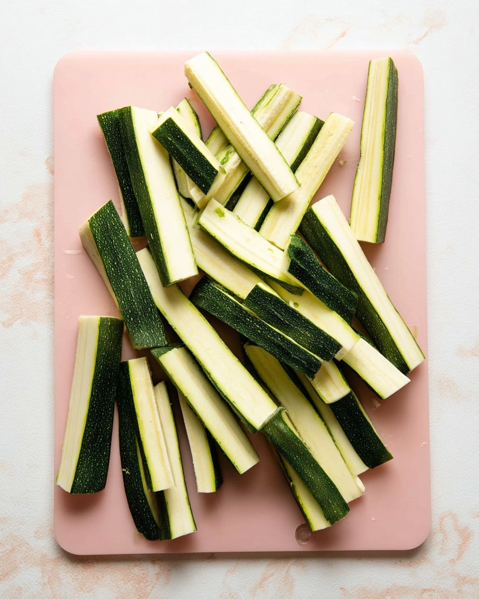 A pink cutting board on a white marbled surface holds about twenty chopped zucchini sticks laid out unevenly. Each zucchini stick shows a dark green outer skin and a pale greenish-white inner part with visible seed patterns. The zucchini sticks are cut into thick, elongated pieces, each about the same length, and casually arranged covering most of the board's surface photo taken with an iphone --ar 4:5 --v 7