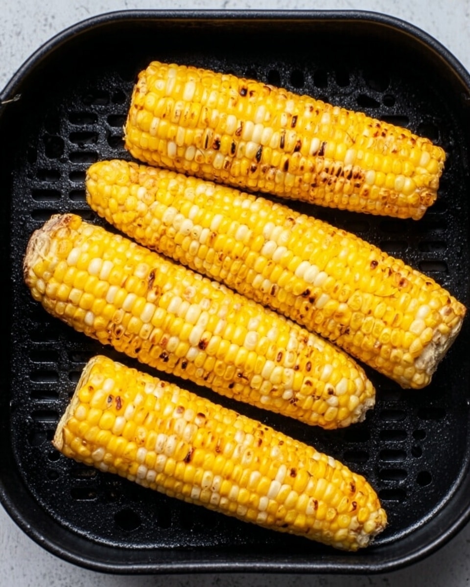 The image shows four golden-yellow corn cobs with light and dark kernels, arranged in a black grill basket on a white marbled surface. The corn cobs have some black grill marks and look juicy with a slight shine on the kernels. The basket's texture is visible, with small holes and ridges that hold the cobs in place. Photo taken with an iphone --ar 4:5 --v 7