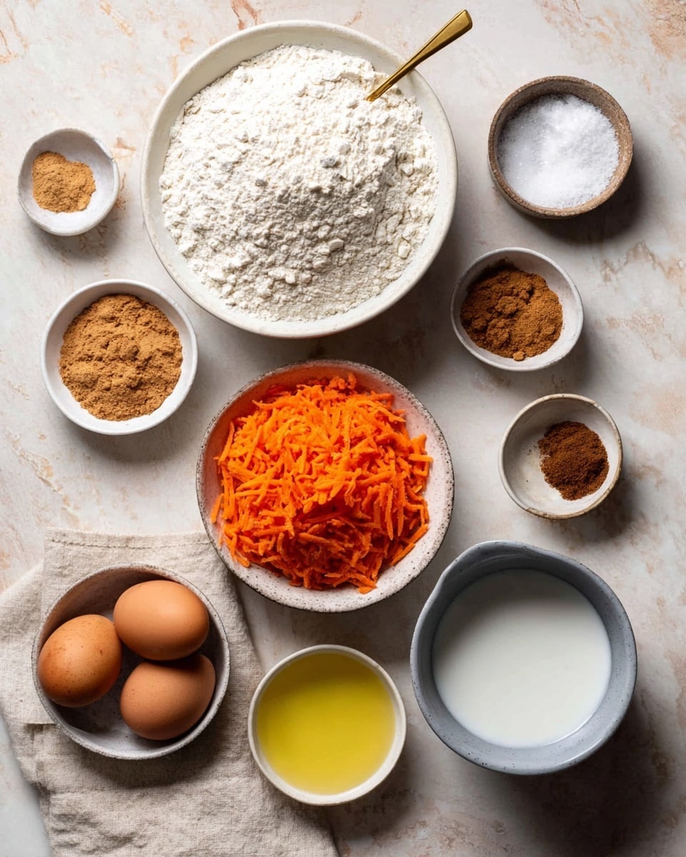 A top view of various baking ingredients arranged neatly on a white marbled surface. There is one large white bowl filled with flour with a golden spoon resting inside. Nearby, a smaller white bowl holds bright orange shredded carrots. Next to it is a medium white bowl with light brown sugar and a spoon inside. Two brown eggs lie beside a white bowl filled with a pale yellow liquid, possibly oil. Another white bowl contains a smooth, creamy white liquid, and next to it is a small white dish with three different brown spices in three sections. Additionally, two tiny white bowls hold white salt and baking powder. A beige cloth is placed under the bowls on the left side. photo taken with an iphone --ar 4:5 --v 7