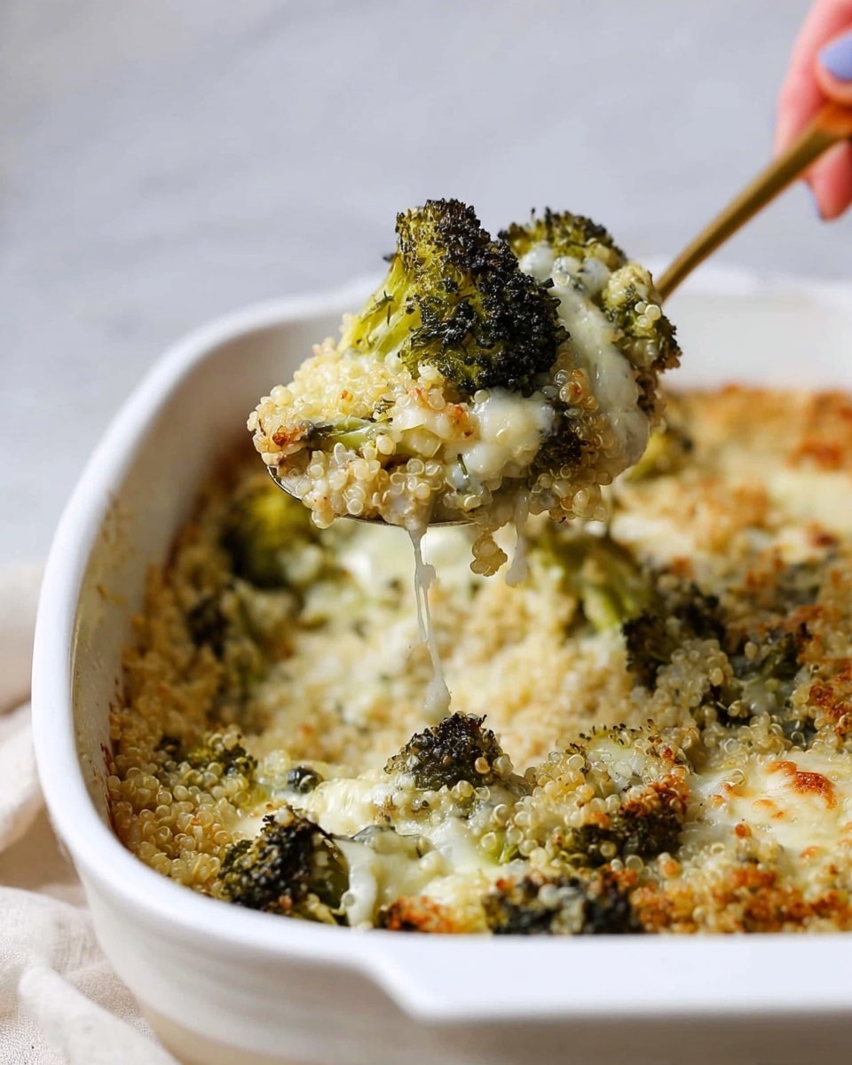 This image shows a white baking dish filled with a baked dish that has three visible layers: a bottom layer of cooked quinoa with a pale beige color and grainy texture, a middle layer of roasted green broccoli with some browned tips, and a top layer of melted cheese that is creamy white and slightly browned in spots. A woman's hand is holding a gold spoon that lifts a portion of the dish, showing all three layers clearly, with the broccoli pieces on top covered lightly in melted cheese. The dish sits on a white marbled surface with a soft, neutral background. photo taken with an iphone --ar 4:5 --v 7