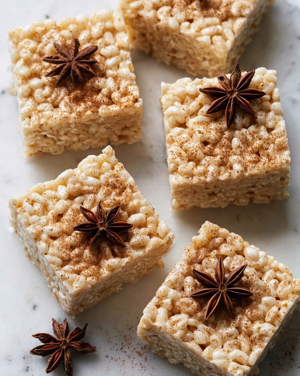 A square white ceramic dish filled with one thick layer of pale golden puffed rice cereal mixed with melted marshmallow, sprinkled with light brown cinnamon powder mostly on the right side and center, topped with several dark brown star anise pieces scattered on top. Next to the dish is a small white bowl with cinnamon powder inside, and three more star anise pieces beside it, all set on a white marbled surface. A white cloth is draped partly under the dish on the left side, and a wooden-handled utensil lies horizontally on the right bottom corner. Photo taken with an iphone --ar 4:5 --v 7