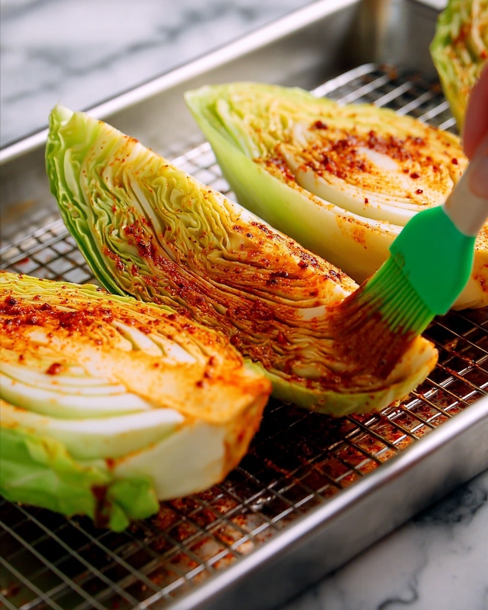The image shows three thick wedges of cabbage placed on a metal wire rack. Each wedge has layers of pale green outer leaves and white inner leaves with a slightly curved shape. The cut surfaces are brushed with a reddish-brown sauce or seasoning, which has a textured, slightly grainy look. A woman's hand with a green brush is applying more of the sauce on one wedge, adding a vivid color contrast. The background is a white marbled texture. photo taken with an iphone --ar 4:5 --v 7