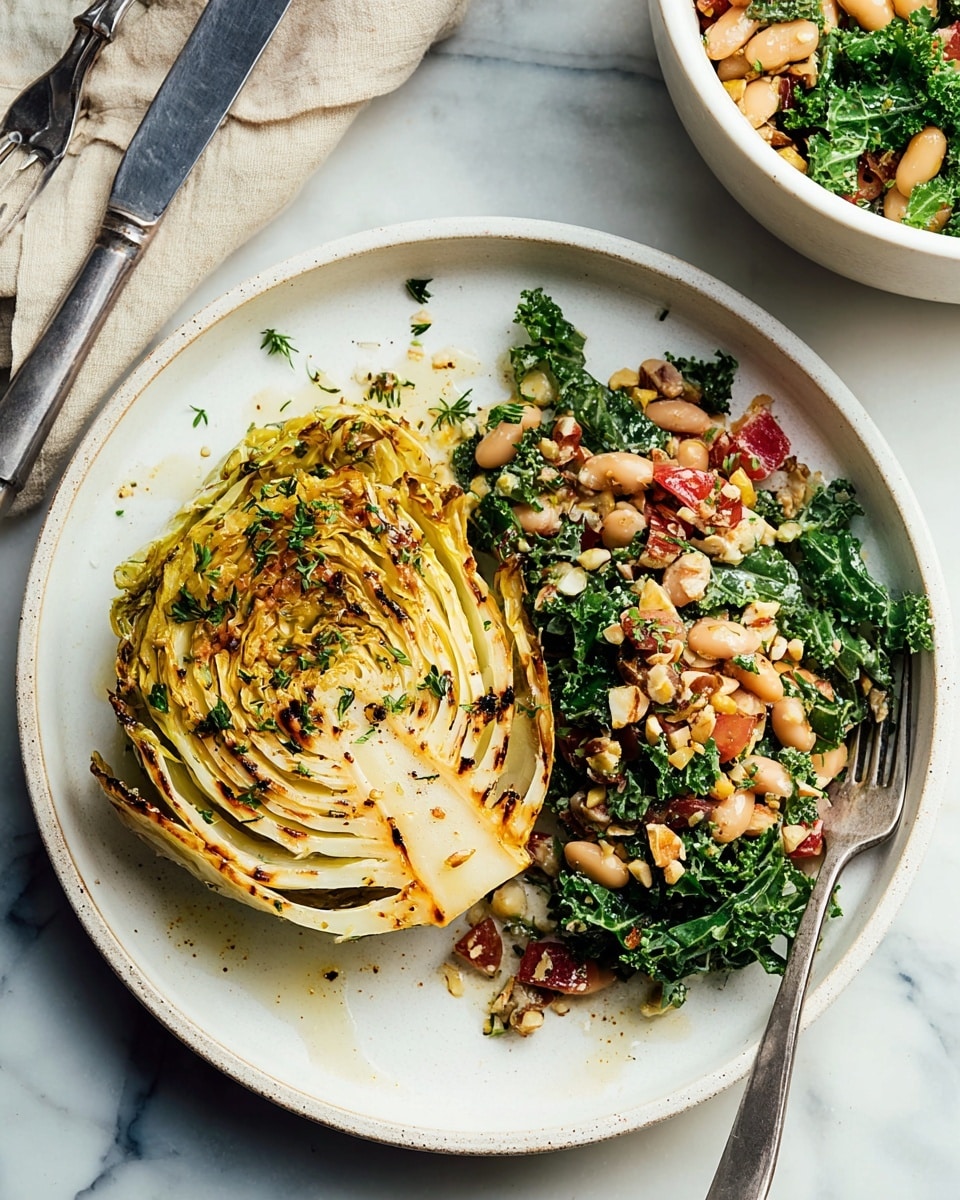 The image shows three pieces of grilled cabbage wedges on a white plate. Each wedge shows many thin, layered rings with a grilled, slightly charred outer edge in dark brown and black colors. The cabbage layers inside are light yellow and cream, with a textured look from the grilling marks. The wedges are sprinkled with small green parsley pieces and some coarse black pepper. There is a drizzle of olive oil adding a shiny look on the cabbage and plate. The plate rests on a white marbled surface. photo taken with an iphone --ar 4:5 --v 7