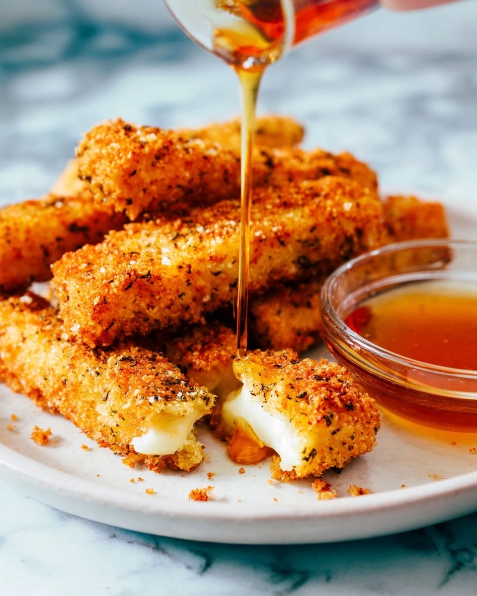 The image shows a white plate with several golden brown, crispy sticks layered closely together. The sticks have a rough, crunchy crumb coating with visible specks of herbs, and one stick in the front is broken open, revealing soft, creamy white cheese inside. A glass bowl with a clear, amber-colored dipping sauce sits on the right side of the plate. A woman's hand is pouring a thin, amber liquid over the broken cheese stick, creating a shiny, sticky texture on top. The background is a white marbled texture, and the lighting highlights the warm tones of the food. Photo taken with an iphone --ar 4:5 --v 7
