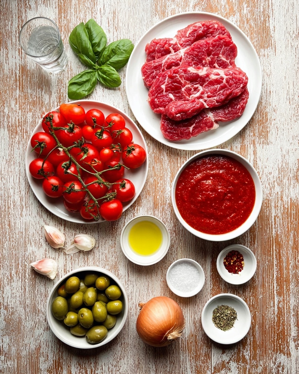 The image shows several ingredients laid out on a wooden surface with a white marbled texture. In the center, there is a white plate with three layers of raw red meat, each layer visible with white fat marbling. Below it, a white plate full of bright red cherry tomatoes still on their green vine forms a dense cluster. Above the meat plate, green fresh basil leaves rest on the surface. To the right, a white bowl filled with thick, deep red tomato sauce sits near a whole yellow onion with its skin on. Below the onion, a white bowl holds green olives. Scattered around the olives are four small white bowls, each containing different seasonings: red chili flakes, dried herbs, ground black pepper, and coarse salt. To the left of the meat plate, there are three garlic cloves and a small white bowl of yellow olive oil. A clear glass filled with water sits near the top left corner. Photo taken with an iphone --ar 4:5 --v 7