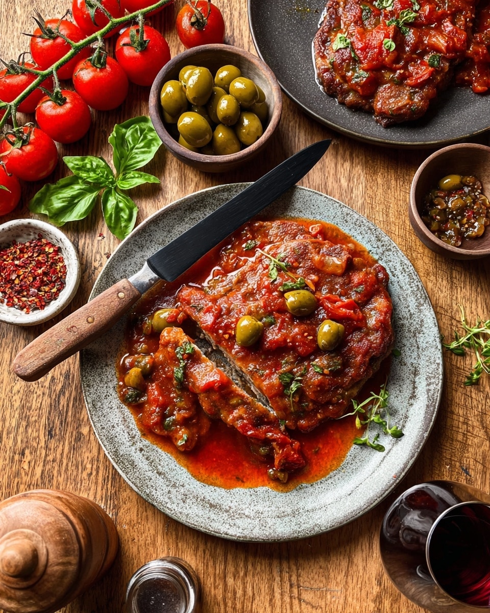 A gray plate holds one large piece of cooked meat covered with thick red tomato sauce mixed with chunks of tomatoes and green olives. The sauce is spread over the meat and pools around the edges, garnished with small green herb leaves. A black knife with a wooden handle rests on top of the meat, slicing into it. The plate is placed on a wooden surface with fresh cherry tomatoes still on the vine, fresh green basil leaves, and a wooden pepper shaker nearby. Small dishes with dried herbs, crushed red peppers, and more green olives in liquid are also around the plate. A glass of red wine is half visible on the right side. photo taken with an iphone --ar 4:5 --v 7