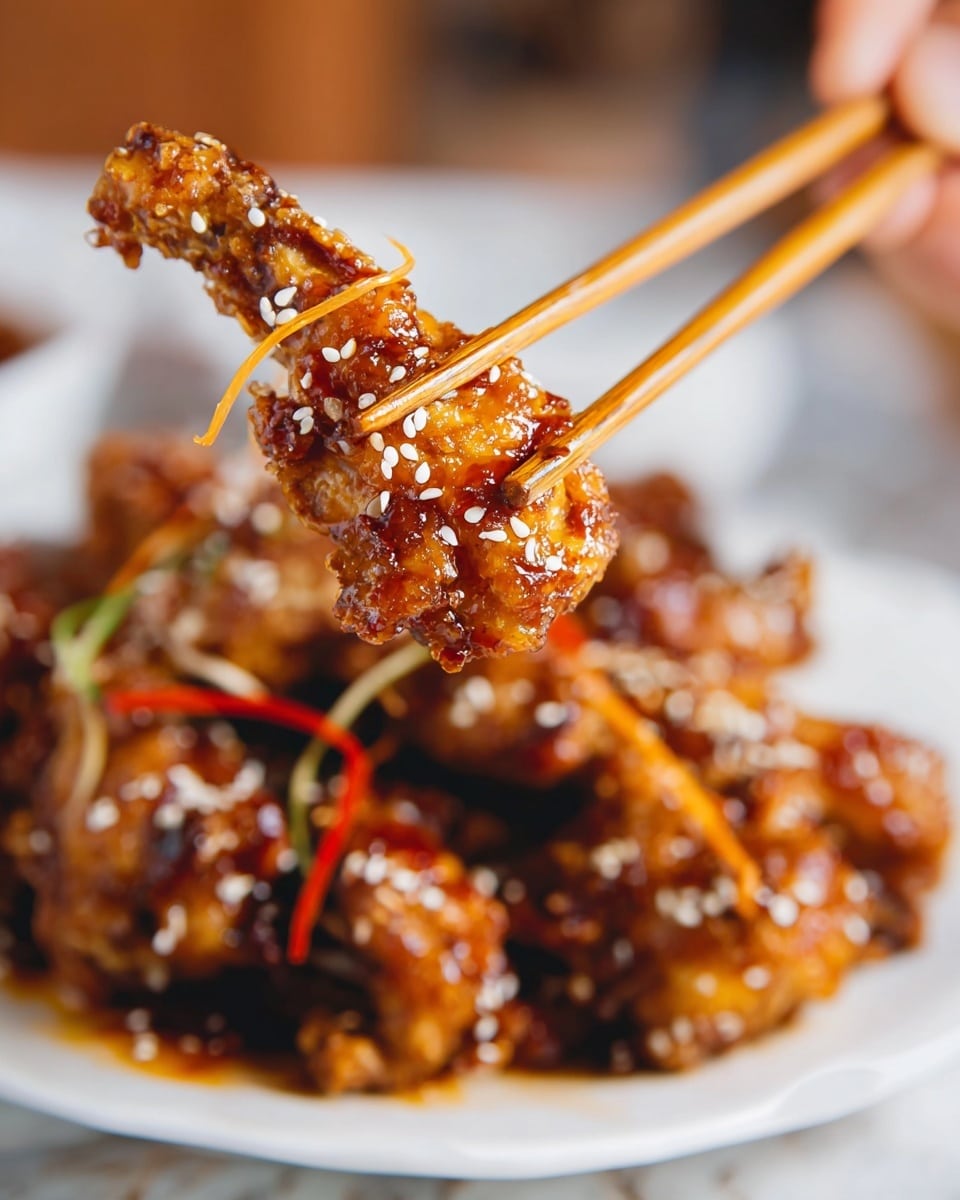 A close-up view of a crispy, dark golden-brown fried chicken wing held by wooden chopsticks, covered with a shiny glaze and sprinkled with white sesame seeds and thin orange strips of carrot; below it, a white plate holds more glazed fried chicken pieces with a mix of crispy textures and sesame seeds, all set against a soft focus white marbled surface in the background, with a woman's hand gently holding the chopsticks. photo taken with an iphone --ar 4:5 --v 7