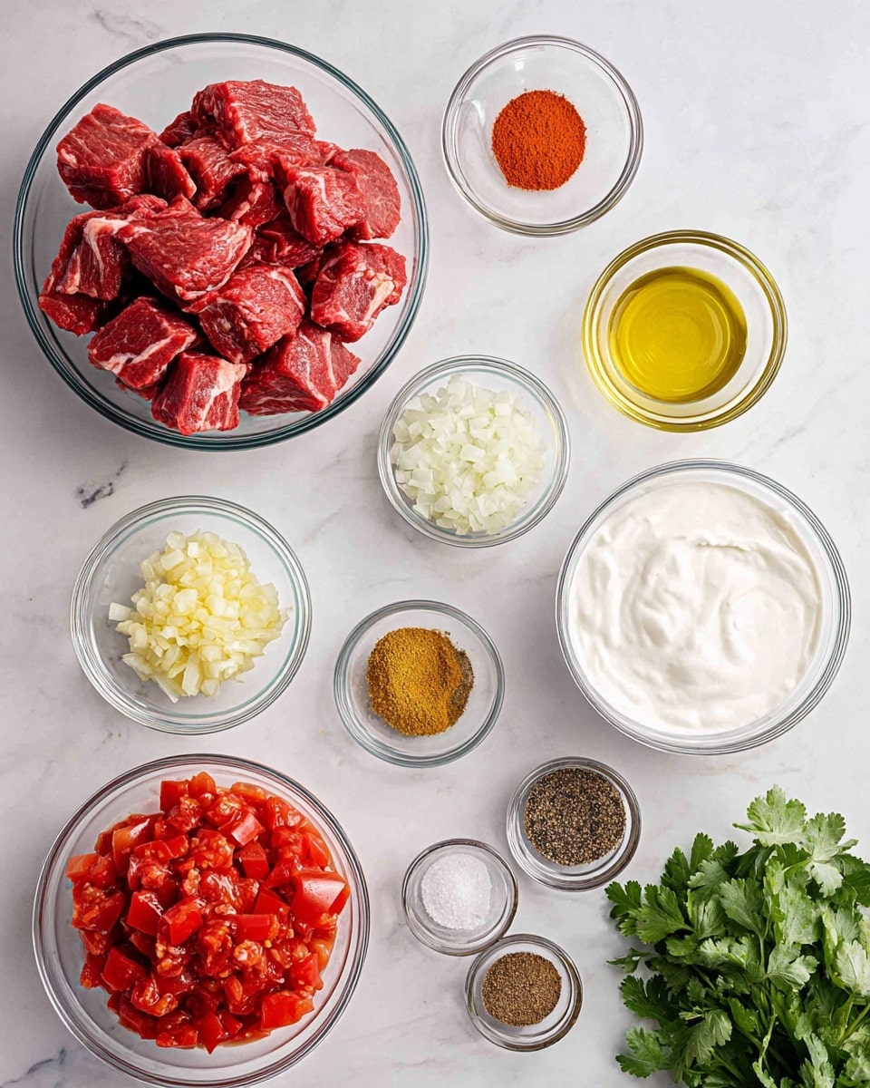 A top view of several small clear glass bowls arranged on a white marbled surface, each holding a different ingredient. The largest bowl contains many pieces of raw red meat with white fat streaks, placed at the top left. To the right of it is a medium bowl with light golden oil. Below and around these are smaller bowls with finely chopped white onions, minced bright yellow ginger, pale chopped garlic, bright red tomato paste, diced red tomatoes in their juice, creamy white yogurt with a slightly bubbly texture, and fresh green cilantro leaves at the bottom right corner. There are also small bowls with various ground spices in shades of brown, black, and orange, and one small bowl with white salt and black pepper mix. All bowls are arranged neatly with even spacing. Photo taken with an iphone --ar 4:5 --v 7