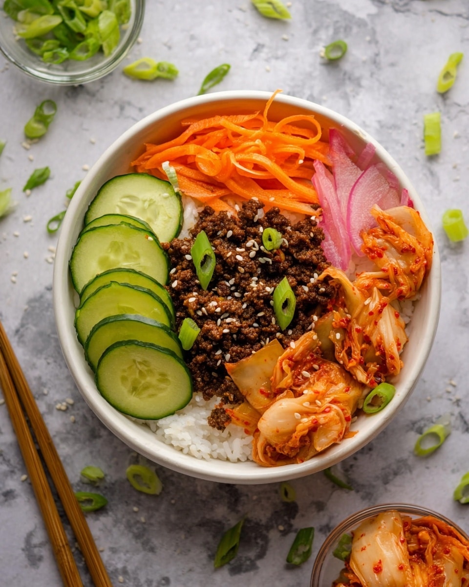 A white bowl filled with five layers: at the top right, white cooked rice; next to it on the left, thin slices of fresh green cucumber in a row; below the cucumber, orange carrot ribbons mixed with thin red onion slices; at the bottom left, dark brown cooked ground meat sprinkled with white sesame seeds and pieces of green onion; and at the bottom right, light orange kimchi with red seasoning flakes. The bowl sits on a white marbled surface with scattered green onion pieces and carrot ribbons nearby, and wooden chopsticks placed diagonally at the bottom left. Photo taken with an iphone --ar 4:5 --v 7