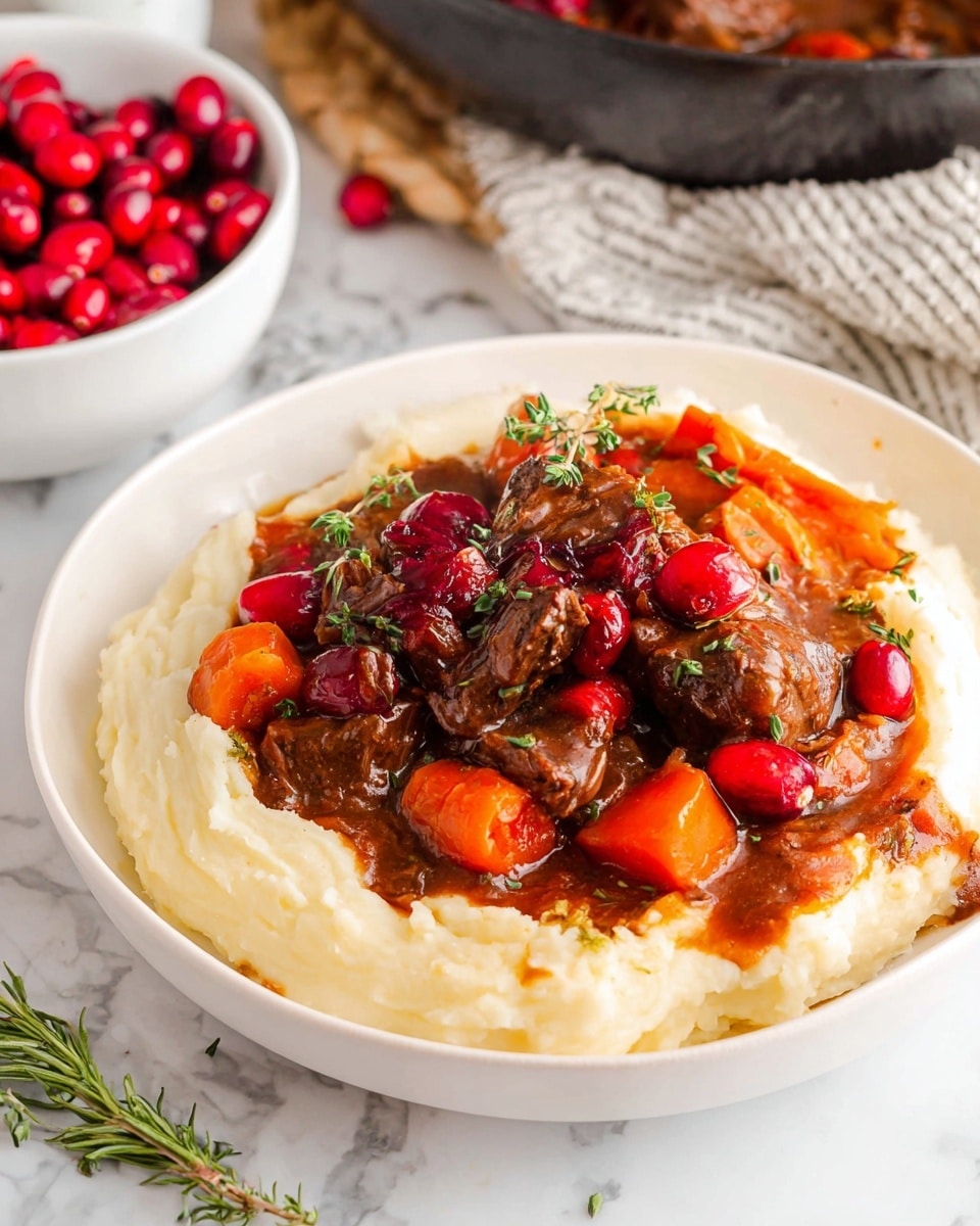 A white plate shows a bed of creamy mashed potatoes as the first layer, smooth and pale with soft peaks. On top, there is a thick, rich brown stew with chunks of tender meat and bright orange carrot pieces, each with a slightly glossy, cooked texture. Scattered in the stew are several whole, shiny red cranberries and bits of green herbs sprinkled over the dish, adding small spots of color. The background is a white marbled texture with a white bowl filled with cranberries and a large dark dish partially visible, enhancing the warm, homey feel. Photo taken with an iphone --ar 4:5 --v 7