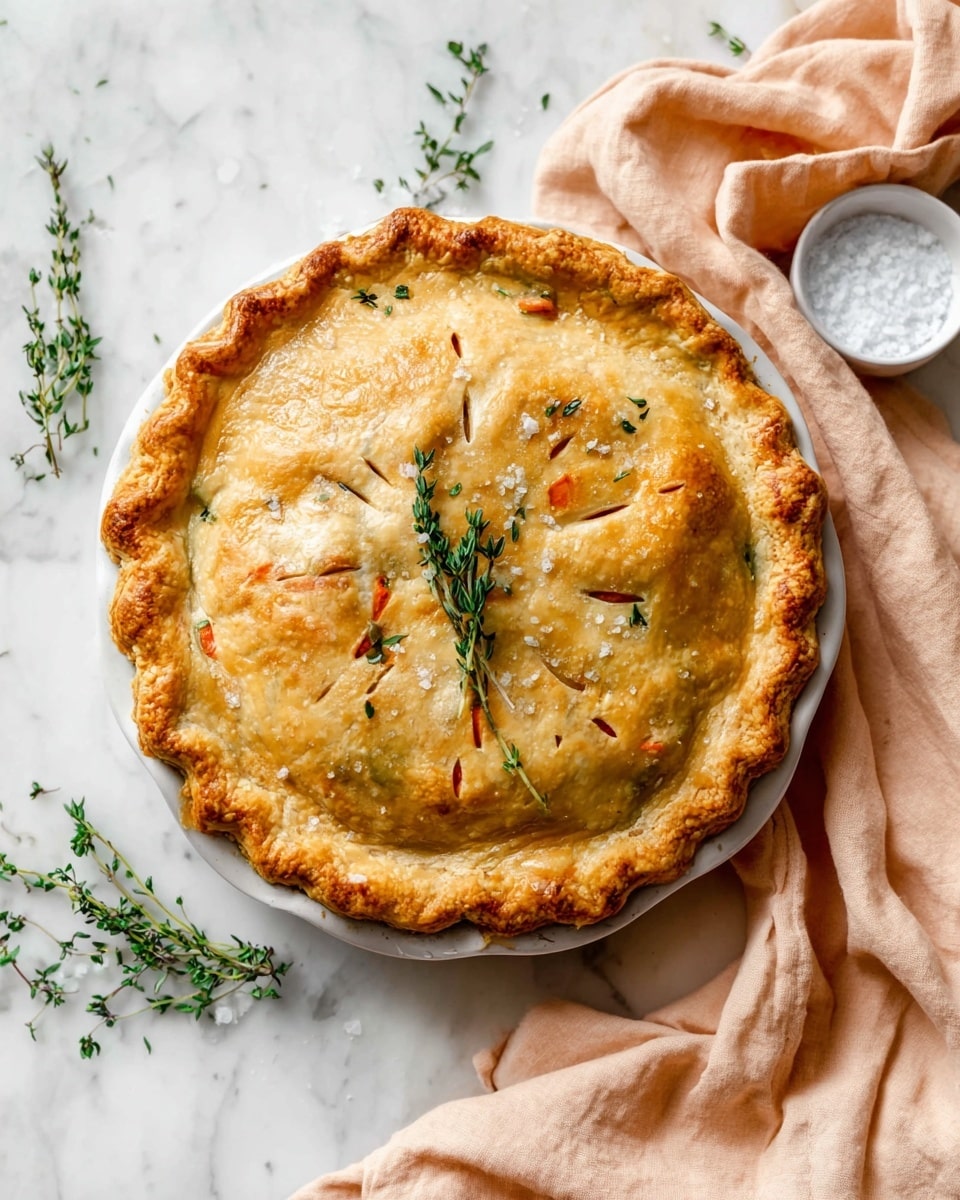 A whole round pie with a golden brown crust sits in the middle of a white plate on a white marbled surface. The top crust is crimped around the edges and features small slits for steam, revealing hints of orange and green filling underneath. A green sprig of thyme lies in the center of the pie, with a few coarse salt crystals scattered on the crust. Around the plate are additional thyme sprigs and a small white bowl of coarse salt. A soft peach-colored cloth is draped casually to the right of the plate. Photo taken with an iphone --ar 4:5 --v 7