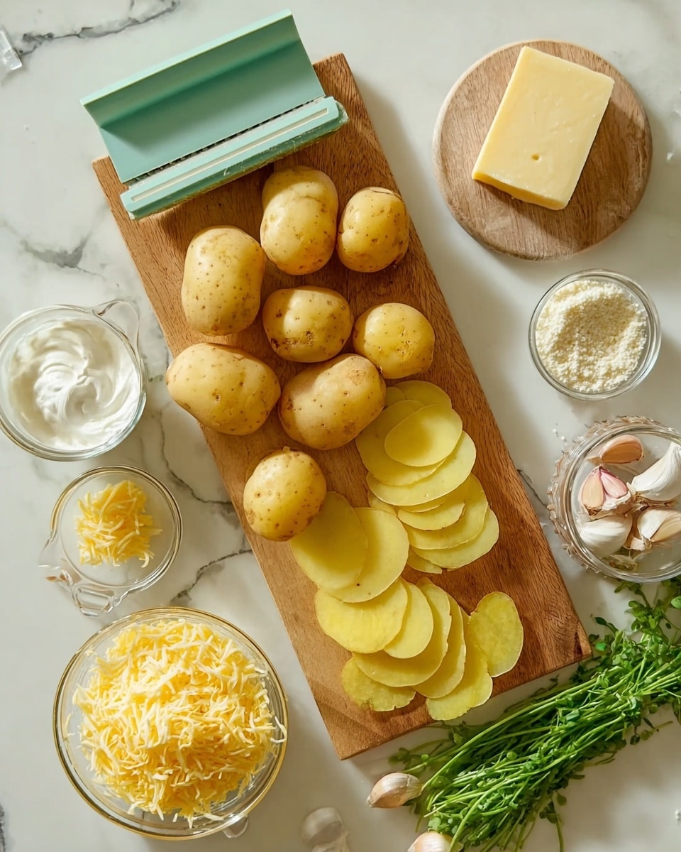 The image shows several whole yellow potatoes and thin yellow potato slices layered in the center on a wooden cutting board. A light blue mandoline slicer is slicing one whole potato on the left side of the board. Surrounding the board on a white marbled surface are small bunches of fresh green herbs, three peeled garlic cloves, a small glass jar filled with a light brown spice, a wedge of pale yellow cheese, a glass bowl filled with grated yellow cheese, another glass bowl containing white grated cheese, and a clear measuring cup with white cream. photo taken with an iphone --ar 4:5 --v 7