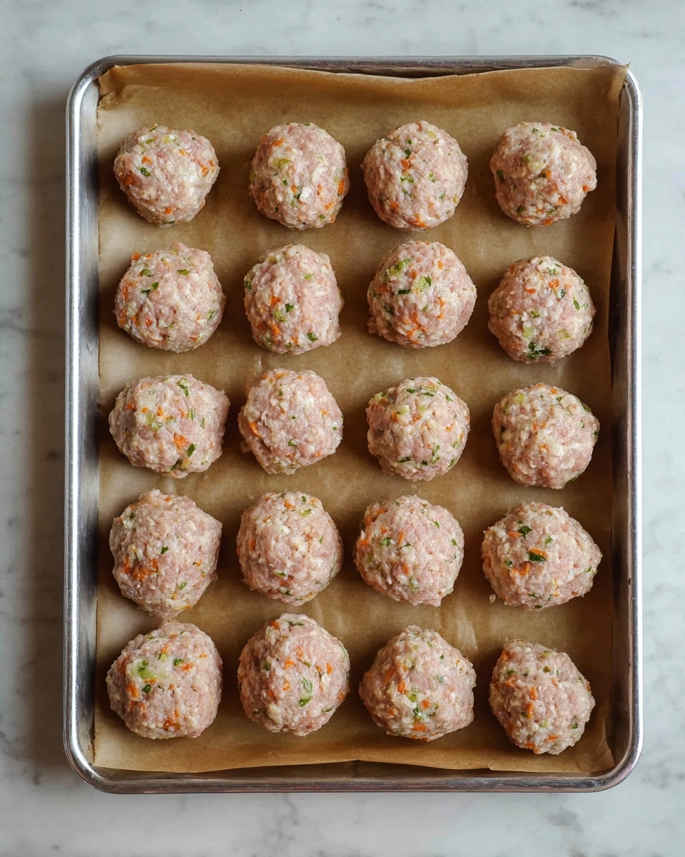 The image shows a metal baking tray lined with brown parchment paper, holding 20 evenly spaced, raw meatballs arranged in four rows of five. Each meatball is round with a rough texture, pale pink in color with visible small orange and green bits mixed throughout, suggesting finely chopped vegetables or herbs. The tray sits on a white marbled surface. photo taken with an iphone --ar 4:5 --v 7