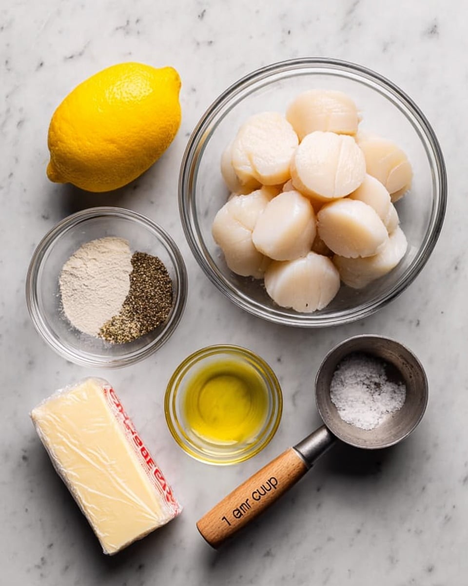 The image shows a white marbled surface with ingredients arranged neatly. On the right, there is a clear glass bowl filled with round, pale white scallops stacked on top of each other, showing a smooth and slightly shiny texture. To the left of the bowl, starting from the top, there is a whole bright yellow lemon, below it a small clear bowl with a mix of ground black pepper and salt, next to it a small bowl with golden yellow oil, and below that a metal measuring cup with a wooden handle marked