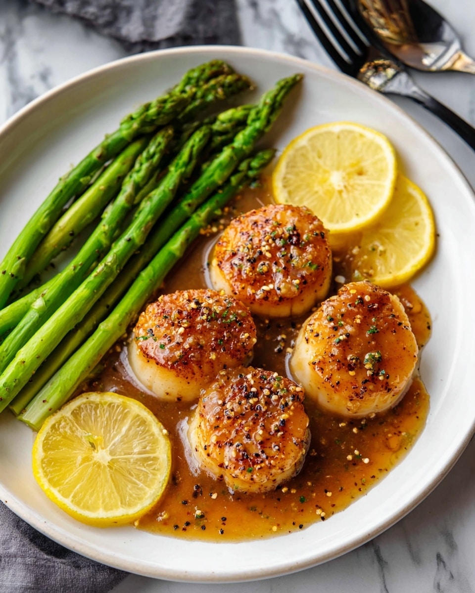 The image shows a white round plate with four browned scallops in the middle, covered with a shiny brown sauce and sprinkled with black pepper and small seeds. To the left, a bunch of bright green asparagus stalks are arranged neatly, with a touch of shine as if lightly cooked. Around the scallops, three thin lemon slices are placed, two on the right side and one on the bottom left side of the plate, adding a hint of yellow color. The plate is set on a white marbled surface with a silver and black fork partly visible on the lower right side. Photo taken with an iphone --ar 4:5 --v 7