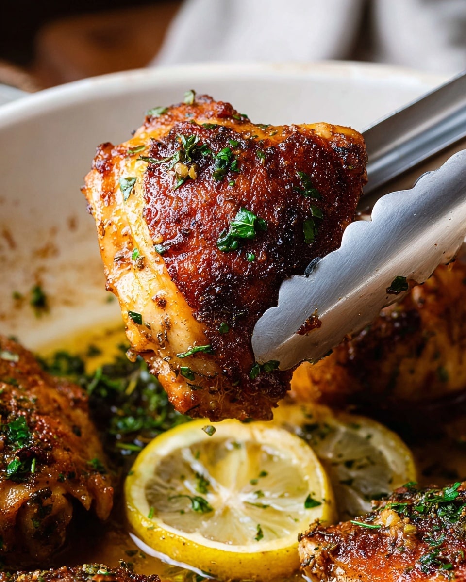 A browned single chicken piece with seasoned crispy skin and small green herb bits on top sits held by metal tongs above a white pan. Inside the pan, more browned chicken pieces rest among scattered chopped herbs and thin lemon slices, showing a shiny, moist texture. The image is close up, focused sharply on the chicken piece with a warm color tone, placed on a white marbled textured surface. Photo taken with an iphone --ar 4:5 --v 7