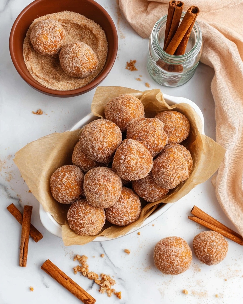 A white oval dish lined with light brown parchment paper holds a pile of round, golden-brown doughnut balls covered in a sugar and cinnamon coating. To the top left, an open brown bowl contains a single doughnut ball partly dipped in sugar and cinnamon with a cinnamon stick next to it. A glass jar with two cinnamon sticks inside stands close to the top middle of the frame on a white marbled surface. There are several cinnamon sticks scattered around the bottom corners. On the right side, two doughnut balls are broken open, showing a soft, orange interior with crumbs spread nearby. The background includes a soft, beige cloth in the top right corner. Photo taken with an iphone --ar 4:5 --v 7