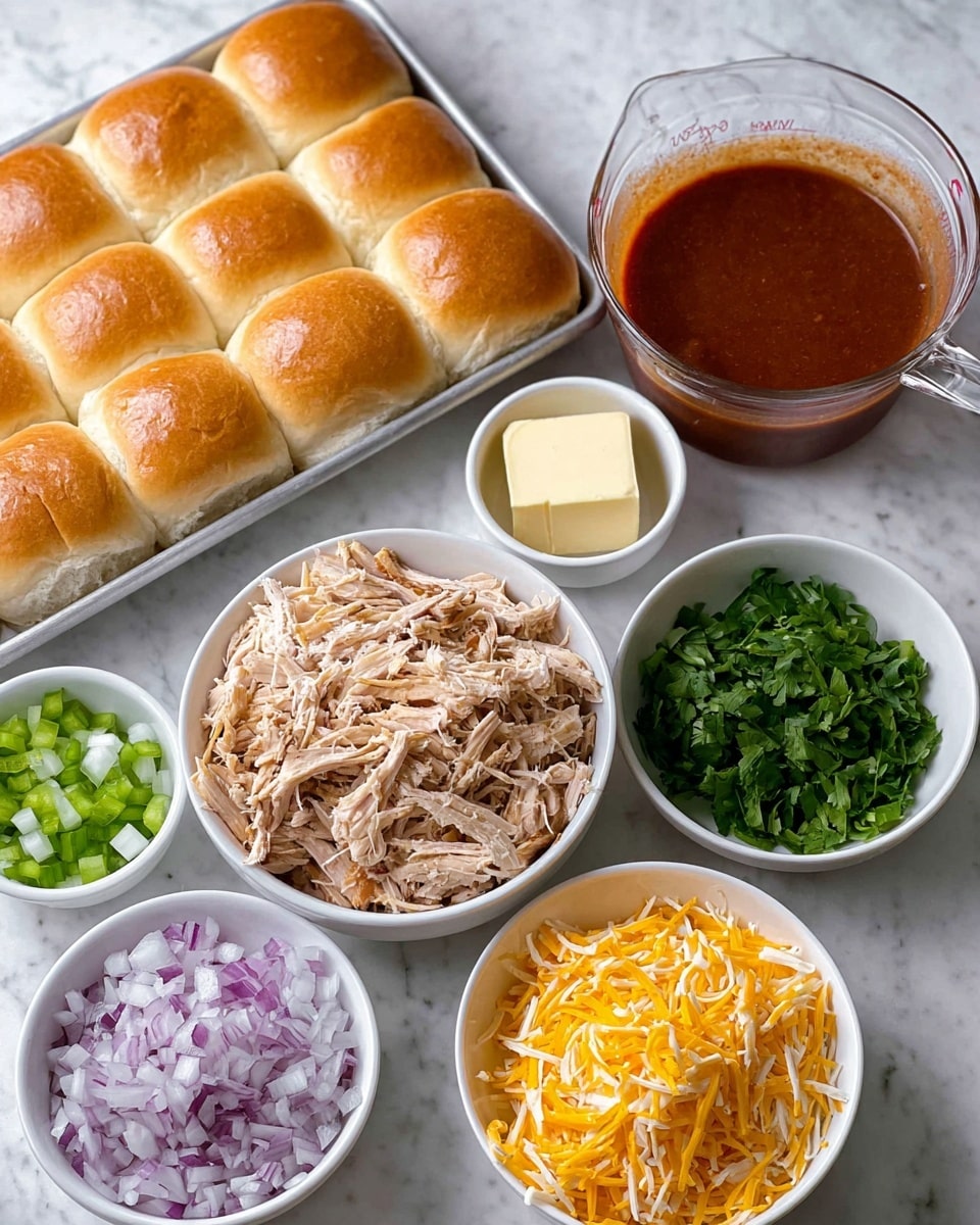 The image shows a white bowl filled with shredded light brown chicken placed on a white marbled surface. Around it are smaller white bowls holding finely chopped green bell peppers, purple onions, fresh green herbs, a square piece of pale yellow butter, and a mix of shredded white and yellow cheeses. A clear glass measuring cup contains thick reddish-brown sauce with smooth texture. Next to the bowls is a metal tray holding a block of twelve soft, golden-brown dinner rolls arranged in a 3 by 4 grid. Everything is laid out neatly for making a sandwich or slider meal. Photo taken with an iphone --ar 4:5 --v 7