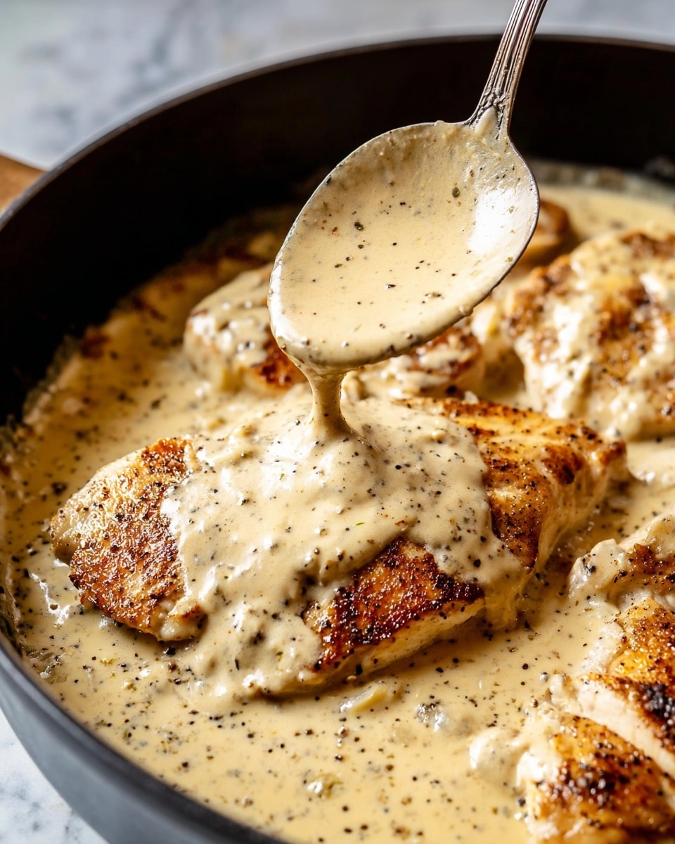 A close-up view of browned chicken pieces in a black pan layered with a creamy light beige sauce speckled with bits of black pepper and onions, a silver spoon held by a woman's hand drizzling more of the thick sauce over the chicken, the sauce covering much of the pan’s bottom and slowly spreading among the chicken pieces, all set against a white marbled textured background photo taken with an iphone --ar 4:5 --v 7