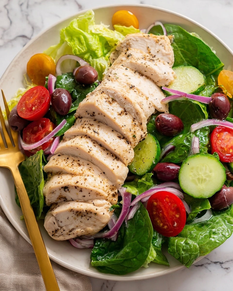 A white plate holds a fresh salad with a bed of green spinach and pale green lettuce leaves, topped with slices of bright red cherry tomatoes, dark purple olives, light green cucumber rounds, and thin rings of purple onion. On top, there are evenly sliced pieces of light beige cooked chicken seasoned with black pepper, arranged in a neat row across the center. A gold fork is placed on the plate near the salad. The plate sits on a white marbled surface. photo taken with an iphone --ar 4:5 --v 7