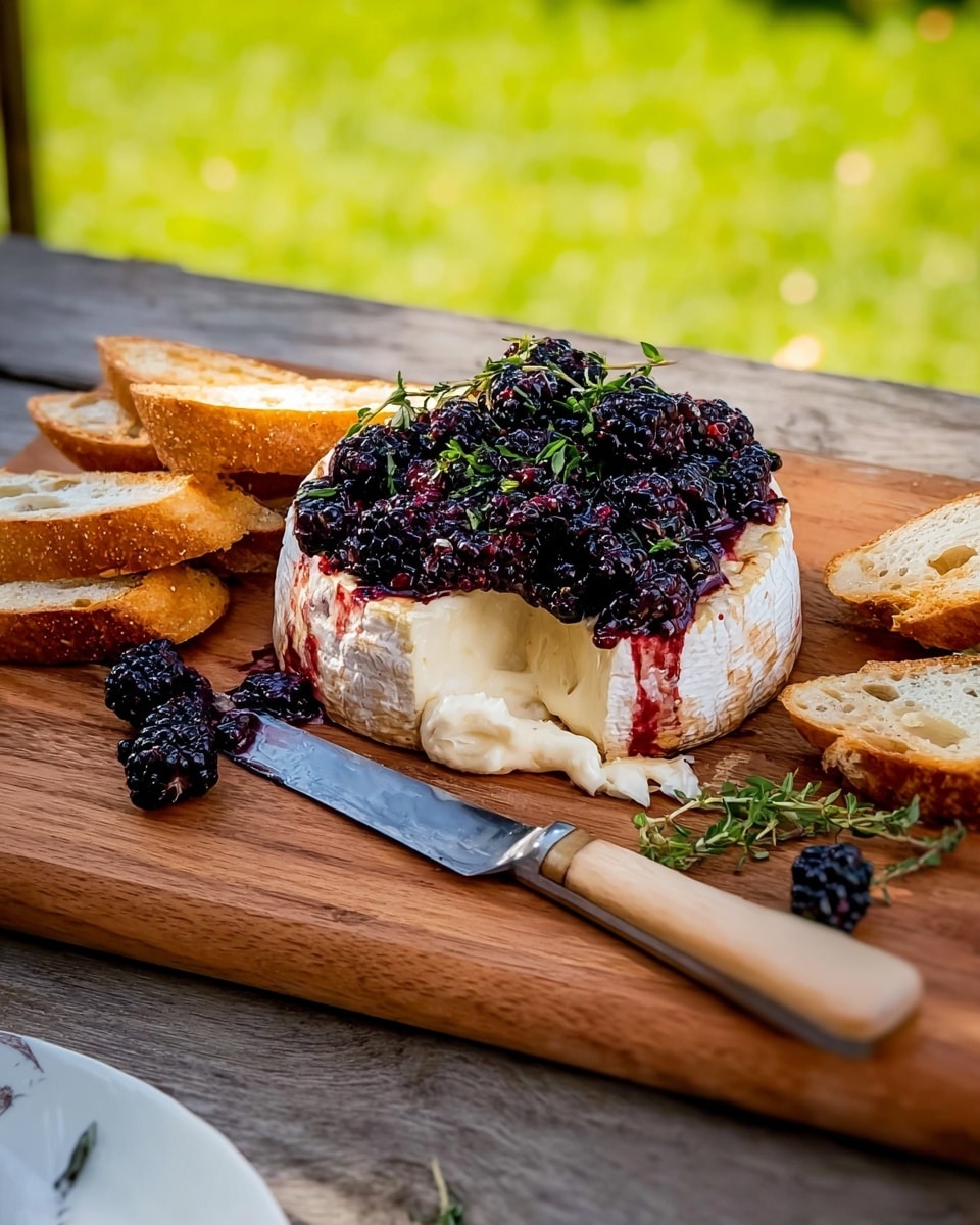 A round, soft white cheese with a creamy inside melts slightly and sits in the middle of a wooden board. On top, there is a thick layer of dark and shiny blackberries mixed with small green herb leaves. On each side of the cheese, there are several slices of toasted bread with a golden crust and soft white inside. A silver knife rests on the wooden board near the cheese, and a small green herb sprig lies beside it. The image is set on a wooden table with a green grassy background. Photo taken with an iphone --ar 4:5 --v 7