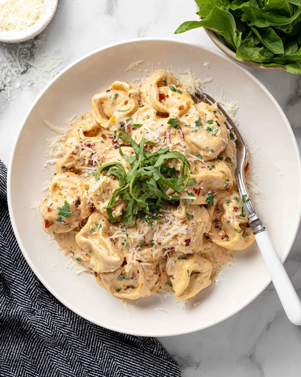 A white round plate holds a creamy pasta dish with about two layers of tortellini covered in a thick, light beige sauce that has visible small green and red bits. On top, there is a small pile of thinly sliced fresh green herbs, with some white grated cheese sprinkled around. A fork with a white handle rests on the plate under the pasta. The setting includes a white marbled texture surface and a small round white bowl of fresh green leaves in the top right corner. A black and white striped cloth is visible at the bottom left corner. photo taken with an iphone --ar 4:5 --v 7