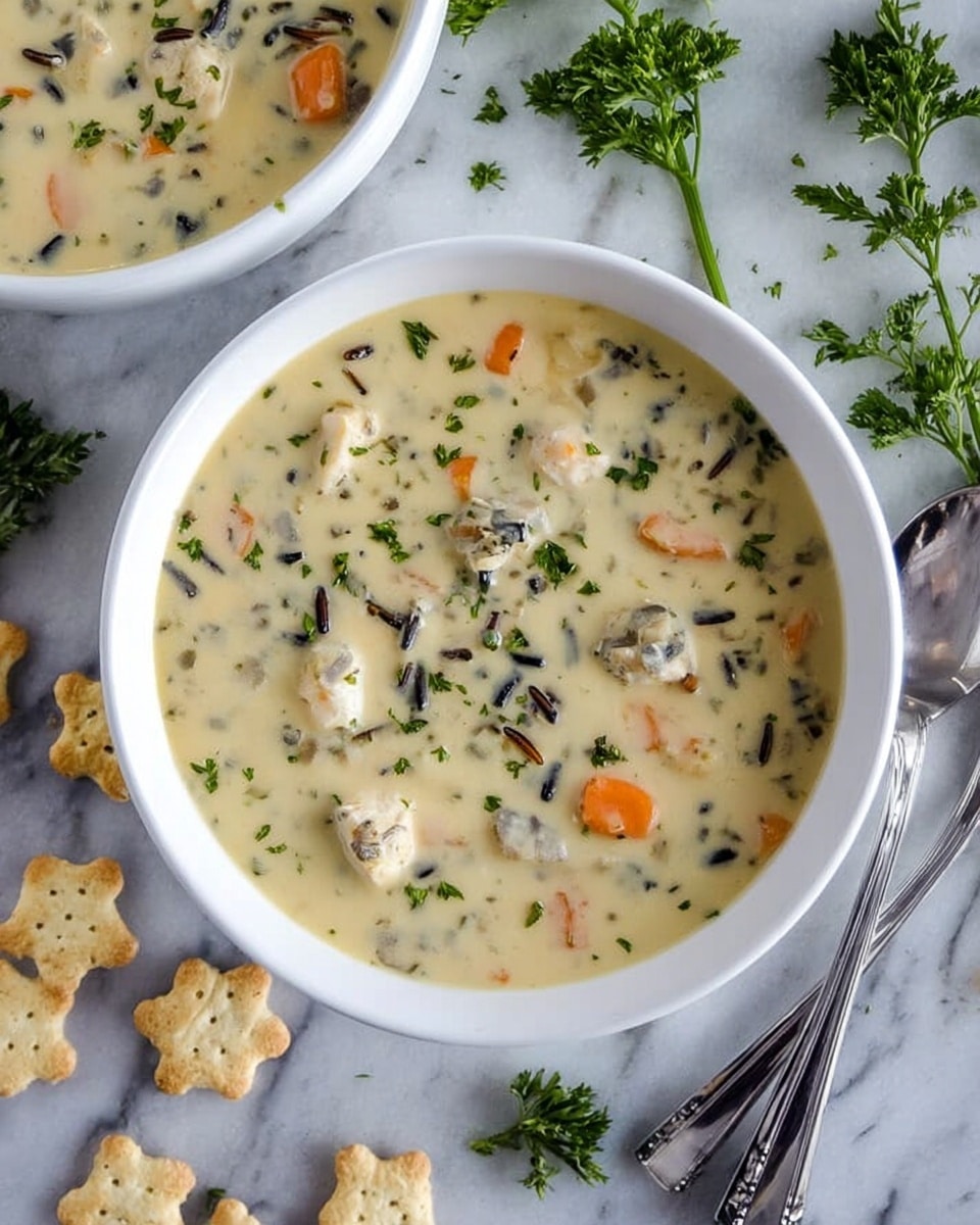The image shows a white bowl filled with creamy soup, thick and pale yellow in color with visible pieces of orange carrots, small dark wild rice grains, and light chunks of chicken. The soup is topped with small green parsley leaves sprinkled evenly. Around the bowl, there are small hexagonal oyster crackers scattered on a white marbled surface, along with fresh parsley sprigs. Two silver spoons lie to the right side of the bowl, adding a shiny texture to the scene. A part of another white bowl filled with the same soup is partially visible at the top left corner photo taken with an iphone --ar 4:5 --v 7
