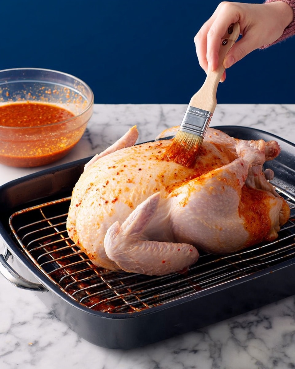 A whole raw chicken lies on a metal rack inside a black roasting pan. The chicken's skin is pale with a slight shiny texture from being brushed with a reddish-orange sauce. A woman's hand holding a brush is applying this thick sauce, which has visible specks of herbs or spices. Behind the pan, there is a clear glass bowl containing more of the same sauce. The setting is on a white marbled surface with a deep blue background. Photo taken with an iphone --ar 4:5 --v 7