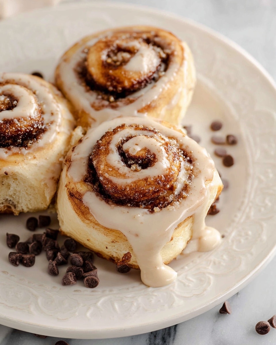 The image shows three cinnamon rolls on a white plate with a delicate embossed pattern along the edge. Each roll has a light golden-brown dough spiraled with a thick dark cinnamon filling and sprinkled with coarse brown sugar on top. The rolls are topped with a creamy beige icing that is spread unevenly over the surface, dripping slightly down the sides. Scattered around the rolls on the plate are small dark brown chocolate chips. The plate sits on a white marbled surface. photo taken with an iphone --ar 4:5 --v 7
