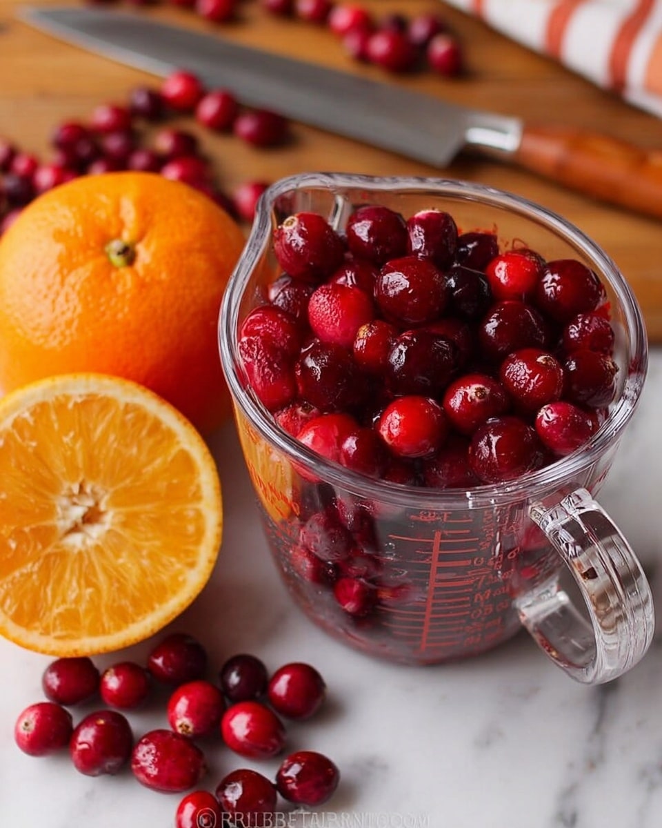 The image shows a clear glass measuring cup filled to the top with bright red cranberries, some spilling onto a wooden surface beneath. To the left, there is a whole orange and a half orange showing its juicy inside. On the right side, a white citrus juicer holds an orange half with juice dripping into a clear glass bowl below. A metal knife lies flat on the surface behind the cranberries. The setup is on a white marbled background, and everything looks fresh and colorful. photo taken with an iphone --ar 4:5 --v 7