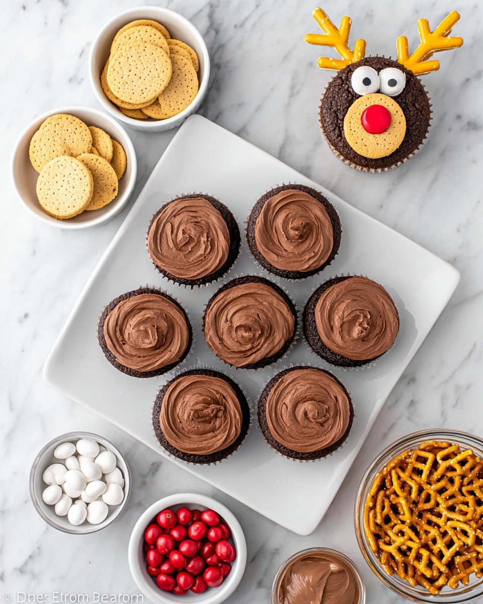 The image shows seven chocolate cupcakes with smooth brown frosting on top, arranged on a white square plate placed on a white marbled surface. Above the plate is a decorated cupcake made to look like a reindeer with two yellow pretzels for antlers, two white candy eyes, a round light brown cookie for the face, and a red candy as the nose. Surrounding the plate, there are four small white bowls: one with round golden cookies on the left, one with white candy eyes on the bottom left, one with red round candies on the bottom right, and a clear bowl filled with yellow pretzels on the top right, with some loose pretzels scattered near it. A piping bag with brown frosting is placed near the bottom edge of the image. photo taken with an iphone --ar 4:5 --v 7