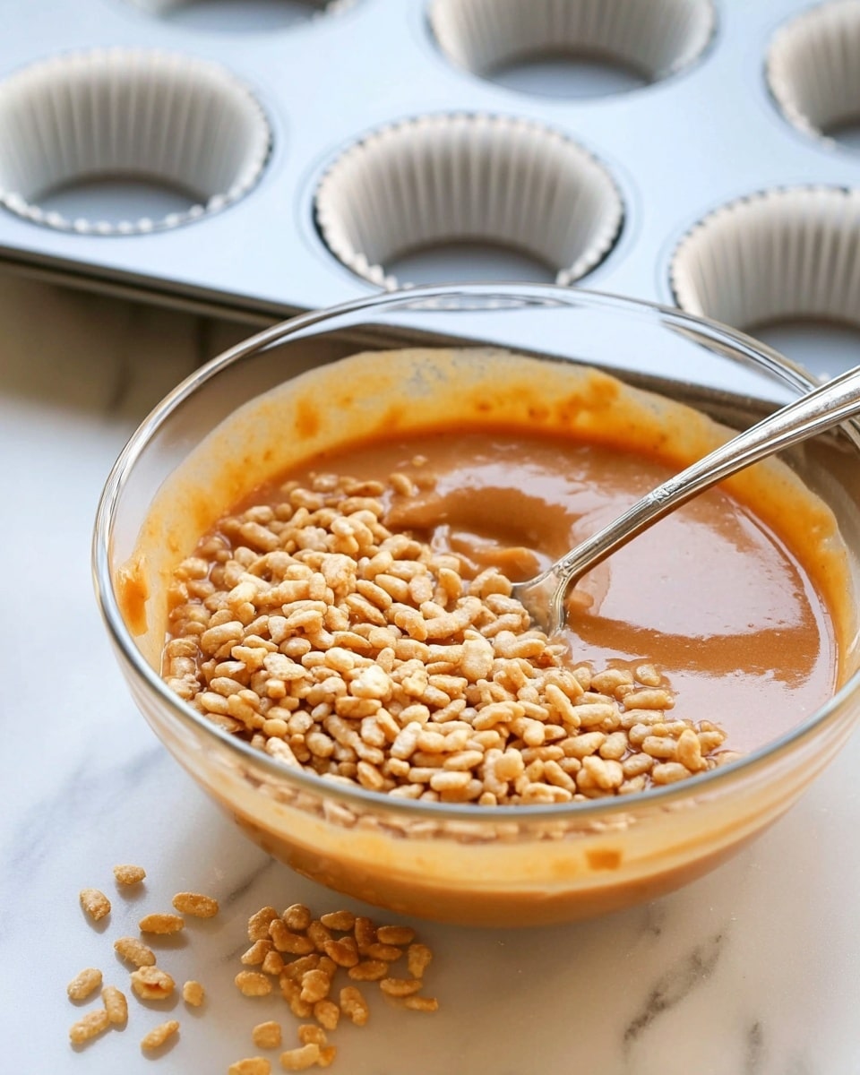 A clear glass bowl filled halfway with a smooth, orange-brown mixture, topped with a layer of light tan puffed rice cereal, with some cereal scattered on the white marbled surface around it. A silver spoon is partially submerged in the mixture, standing upright near the center of the bowl. In the background, a metallic muffin tray holds several white paper liners. photo taken with an iphone --ar 4:5 --v 7
