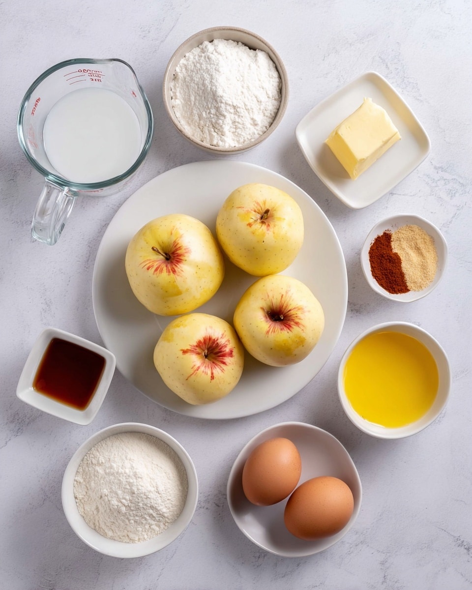 The image shows peeled apples arranged on a round white plate in the center, with four apples visible, each pale yellow with some red spots at the top. Surrounding the plate are small white bowls containing ingredients: a clear measuring cup with a white liquid on the top left, a bowl of white granulated sugar below it, a bowl of white flour at the bottom left, a small white square container with brown vanilla extract beside three brown eggs at the bottom right, a small white bowl with melted yellow butter at the top right, and a round dish with white and brown powdered spices near the butter. All items are placed on a white marbled surface photo taken with an iphone --ar 4:5 --v 7