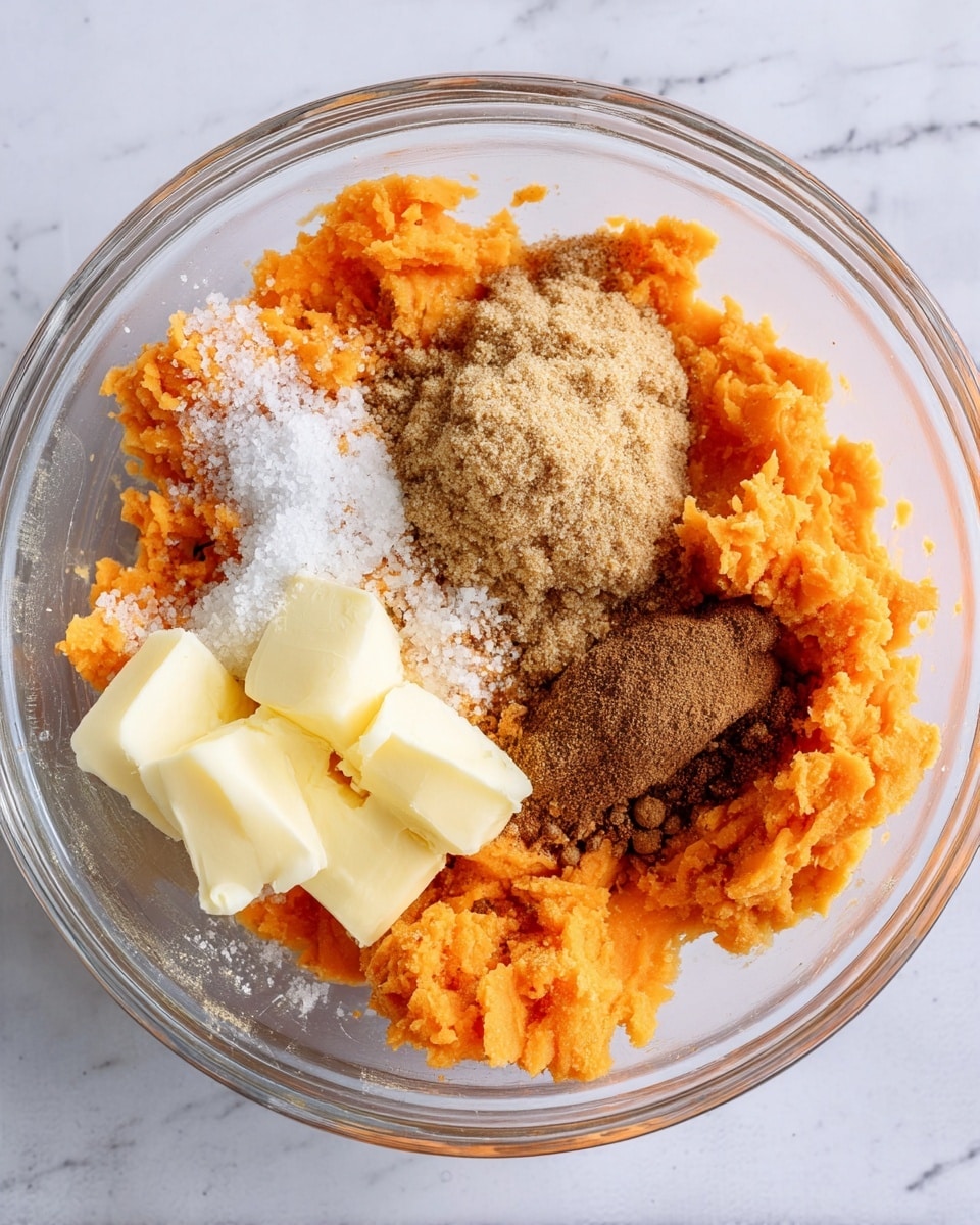 A white oval plate holds eight halves of baked sweet potatoes arranged in two rows, each topped with a crumbly layer of golden brown oats mixed with chopped pecans, giving a textured look full of small clusters and nut pieces. The sweet potato layers inside are bright orange and soft, contrasting with the crunchy oat topping. Some bits of the oats and pecans have fallen onto the plate. A fork with a wooden handle rests at the bottom edge of the plate on a white marbled surface, next to a yellow striped cloth and a small white bowl filled with pecans near the top right. Photo taken with an iphone --ar 4:5 --v 7