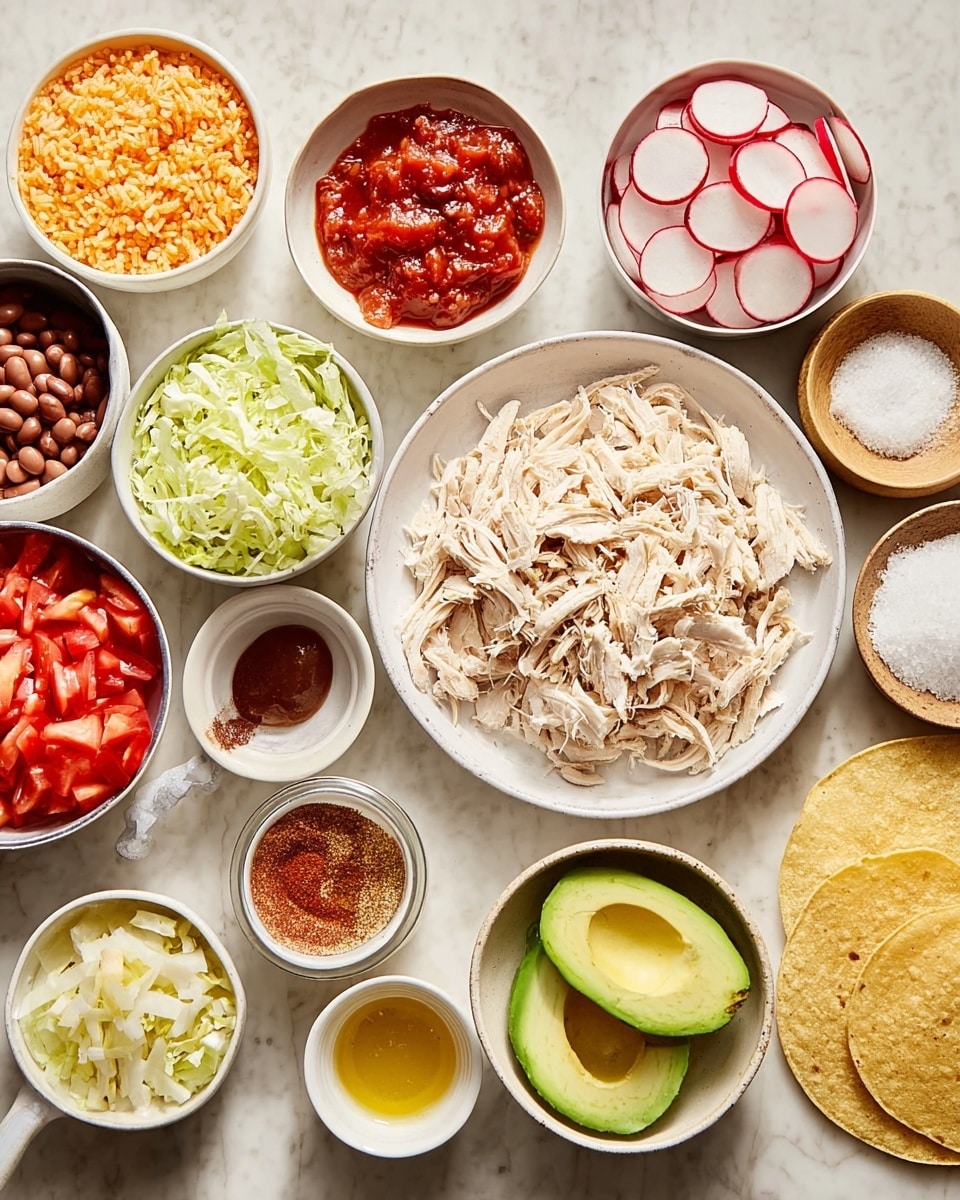 The image shows many small white bowls and one white plate on a white marbled surface. The central white plate holds shredded white chicken pieces. Around it are bowls filled with different ingredients: bright orange rice to the left, chopped red tomatoes in a white bowl, small red sausages in a bowl above the chicken, thin round slices of radish, avocado slices, rich brown refried beans, light green shredded cabbage, small white diced onions, a small bowl of white salt, a bowl with a red spice mix, a small bowl with a clear golden oil, minced garlic in a white bowl, a small bowl with yellow chili sauce, and white crumbly cheese in another bowl. Round golden brown lightly crisp corn tortillas sit on a white plate near the rice. The whole spread looks ready to make fresh tacos or a similar meal. photo taken with an iphone --ar 4:5 --v 7
