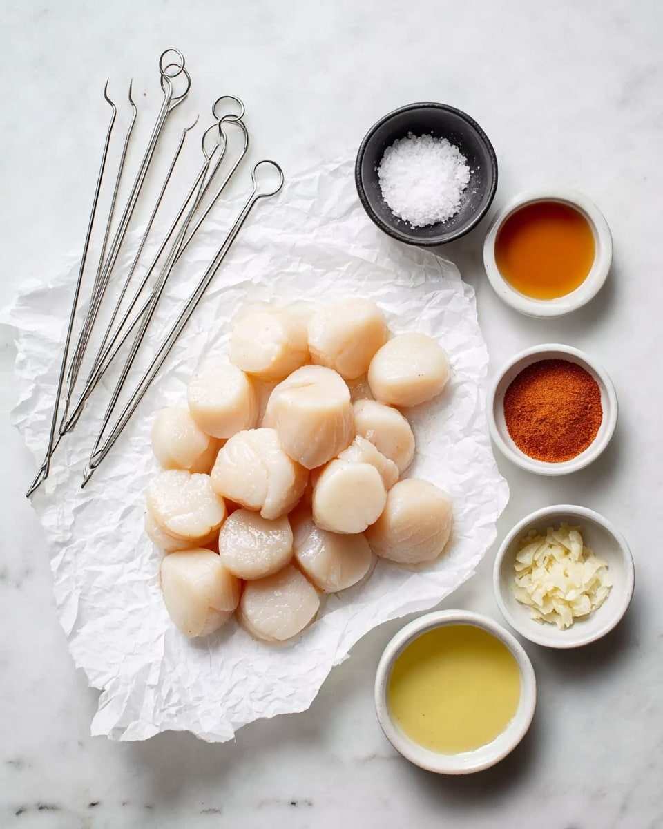 A pile of pale, round scallops with smooth, moist textures sits on crumpled white paper at the center of a white marbled surface. To the left are five shiny metal skewers with hooks on the ends and a small black bowl filled with white salt. Surrounding the scallops on the right are five small white bowls, each containing different ingredients: a reddish-brown powder, light brown liquid, minced white garlic, golden brown powder, and a light yellow liquid. The items are arranged neatly and evenly spaced. photo taken with an iphone --ar 4:5 --v 7