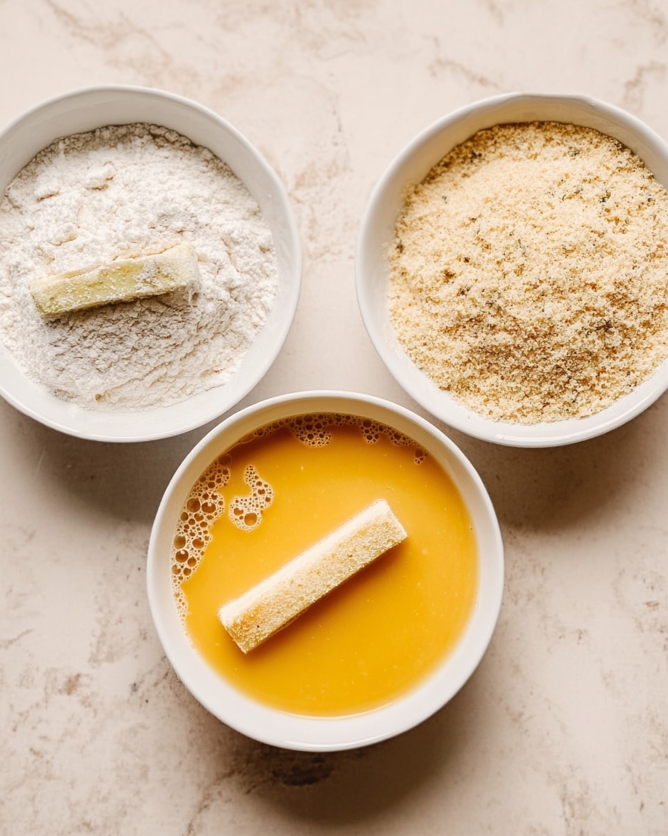 The image shows three white bowls on a white marbled surface, arranged in a row. The left bowl contains white flour with a piece of rectangular food partially buried inside it. The middle bowl is filled with a smooth, yellow-orange beaten egg mixture, with a similar rectangular food piece floating in the center. The right bowl has light brown breadcrumbs with a few darker seasoning specks and a piece of food resting on top. The textures are fine and powdery in the first and third bowls, and smooth with bubbles in the egg bowl. Photo taken with an iphone --ar 4:5 --v 7