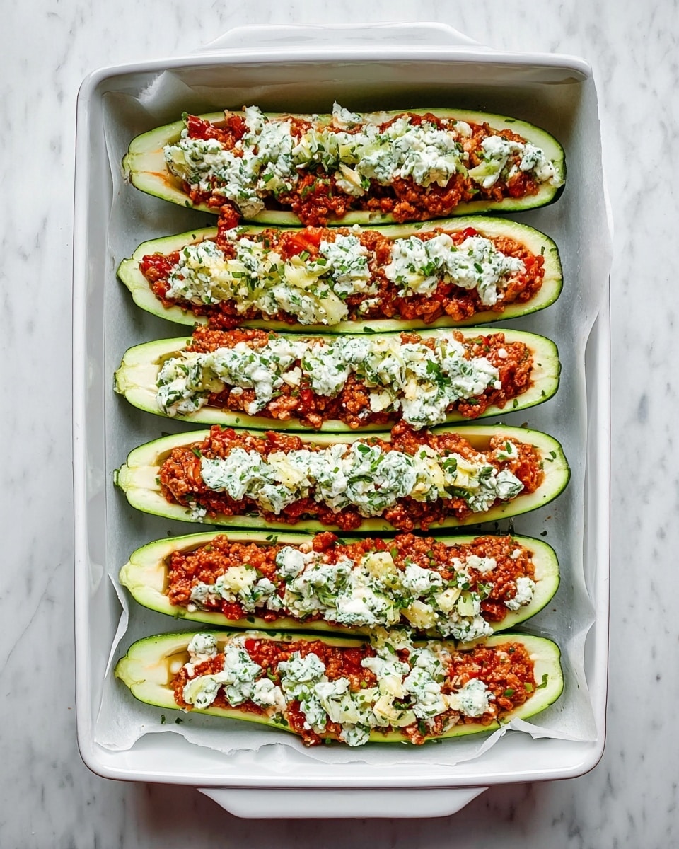 The image shows a white baking dish lined with parchment paper filled with eight zucchini halves arranged lengthwise. Each zucchini half is hollowed out with a smooth light green inner surface and is filled with two layers: a reddish-orange chunky tomato and meat mixture forming the bottom layer, and a creamy white topping with green herbs spread unevenly on top. The dish is set on a white marbled surface, and the overall appearance is fresh and colorful. photo taken with an iphone --ar 4:5 --v 7