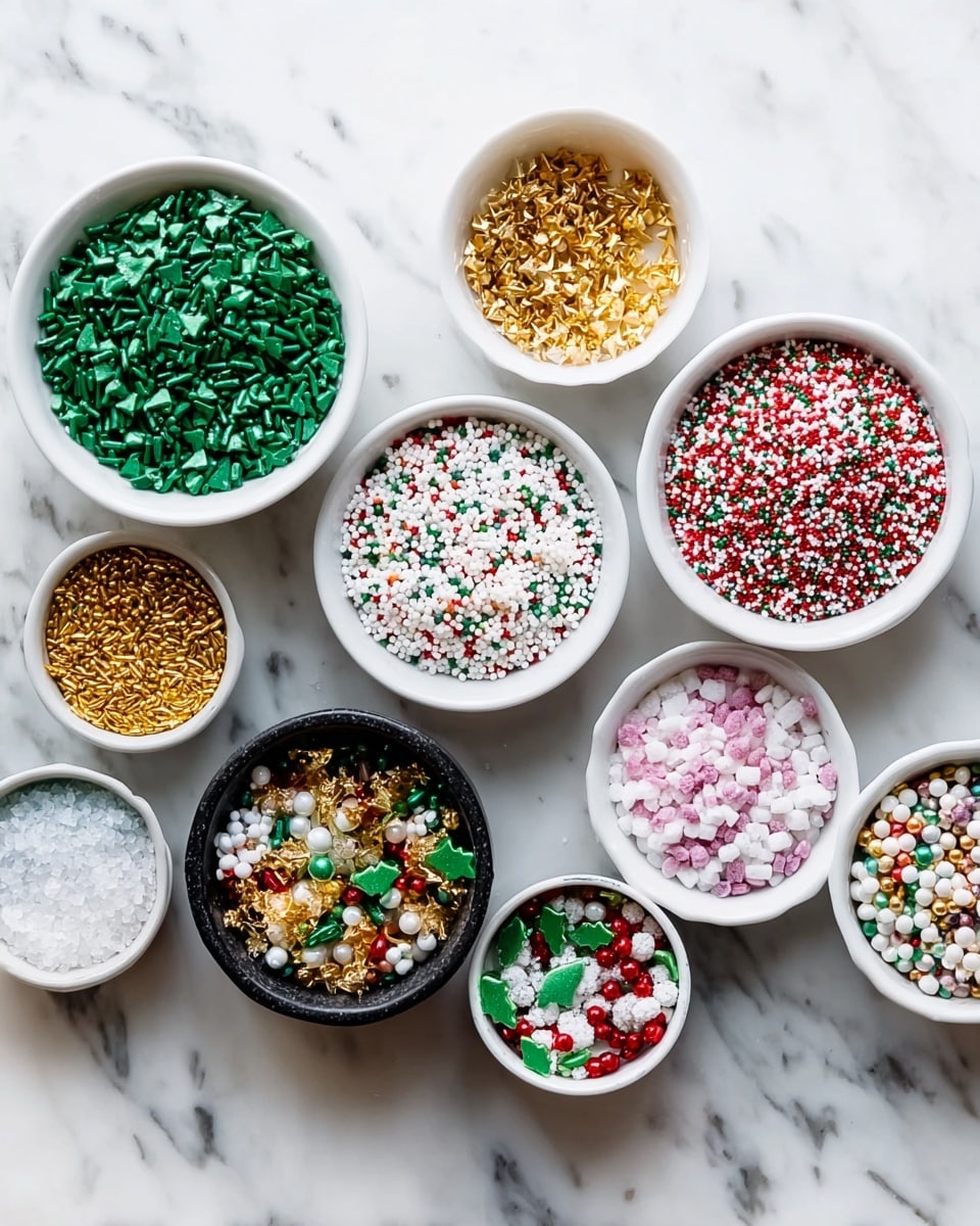 Eight small white and black bowls are set on a white marbled surface. The bowls hold different types of colorful sprinkles: green Christmas tree shapes, small white round pearls, gold tiny round and star shapes, a mix of red, white, green, and gold sprinkles with various shapes and sizes, white sugar crystals, pink and white round and stick shapes, green holly leaf and red berry shapes, and fine gold sugar crystals. The arrangement is neat with bowls spread in an arc across the surface photo taken with an iphone --ar 4:5 --v 7