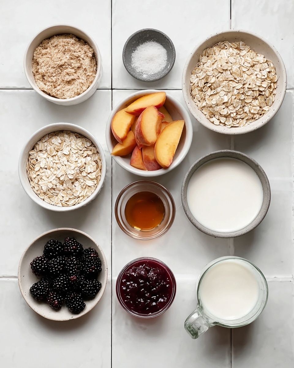 Top view of several white bowls and glass cups on a white marbled tiled surface. From left to right, starting at the top left corner, there is a white bowl filled with light brown rolled oats, a white bowl with bright orange peach slices, a small white bowl holding a light beige powder, a small dark gray container with white salt, a small brown bowl with amber-colored liquid, a small white bowl filled with blackberries, a glass cup with white almond milk, a small light gray bowl with dark red jam, a small white bowl with coconut flakes, a glass cup with white coconut milk, and at the bottom right a white bowl with rolled oats, all placed neatly and spaced apart. Photo taken with an iphone --ar 4:5 --v 7