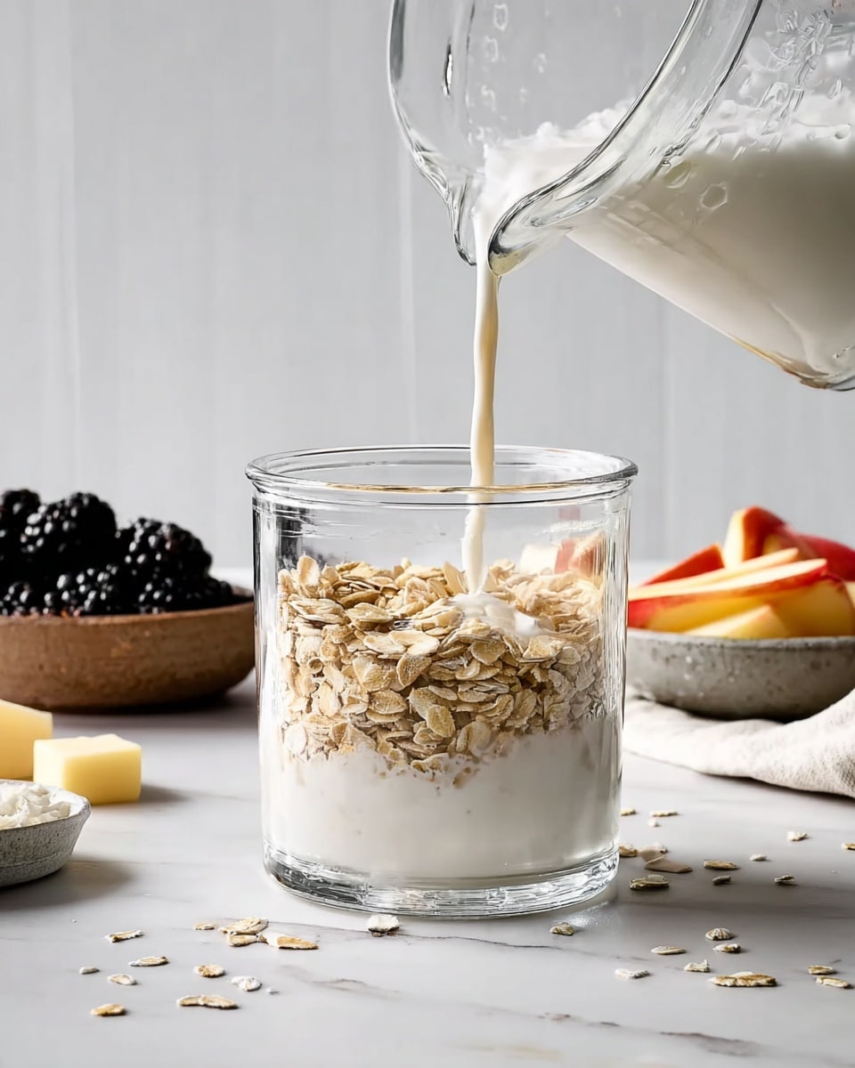 A clear glass cup with two main layers sits on a white marbled surface. The bottom layer is white and creamy, showing partially soaked oats with a soft texture. Above it, a thick layer of dry light brown oats rests. A white liquid is being poured from a clear pitcher into the glass, adding a fresh liquid layer on top. Around the glass, there are bowls with blackberries, apple slices, and some butter pieces, all placed on the white marbled surface. photo taken with an iphone --ar 4:5 --v 7