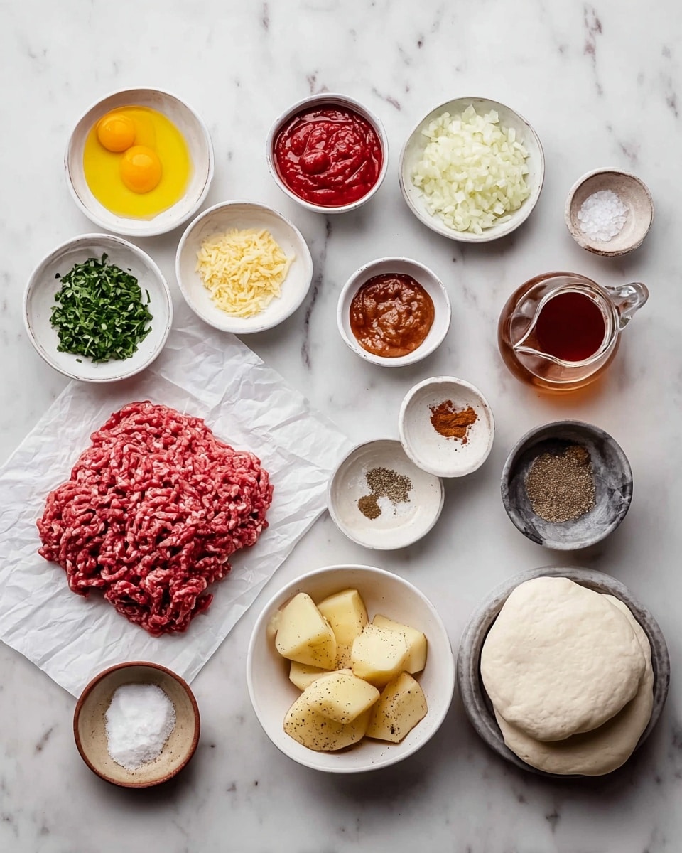 The image shows ingredients neatly arranged on a white marbled surface. In the center, there are two layers of raw ground meat on white parchment paper; the left layer is a darker red, and the right layer is a lighter pink. Surrounding the meat are small white bowls with various ingredients: a yellow beaten egg, chopped green herbs, chopped white onions, minced garlic, bright red tomato paste, light yellow powder, white salt, and a dark brown sauce. There are also a few small bowls with powders, two peeled potato pieces in a white bowl with brown speckles, a small glass pitcher with a dark amber liquid, a wooden bowl of pepper, and a gray stone bowl of salt. On the right side, there are three white round flatbreads stacked on white parchment paper. photo taken with an iphone --ar 4:5 --v 7