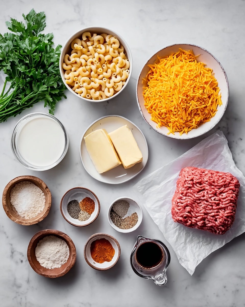 The image shows ingredients for a dish arranged neatly on a white marbled surface. At the center-right, there is a block of raw ground meat on white parchment paper. To its left, a white bowl is full of uncooked elbow macaroni, and above that is a white bowl filled with shredded orange cheddar cheese. Above the cheese, there is a small white bowl with two slices of butter. Surrounding these main items are several small bowls containing different spices and seasonings, including black pepper, salt, flour, garlic powder, paprika, and others, all in small dried wooden and ceramic bowls. On the far left, there is a bunch of fresh green parsley, adding a pop of color. To the far right of the meat, there is a glass bowl with dark liquid, and below that, a glass measuring cup filled with milk. photo taken with an iphone --ar 4:5 --v 7