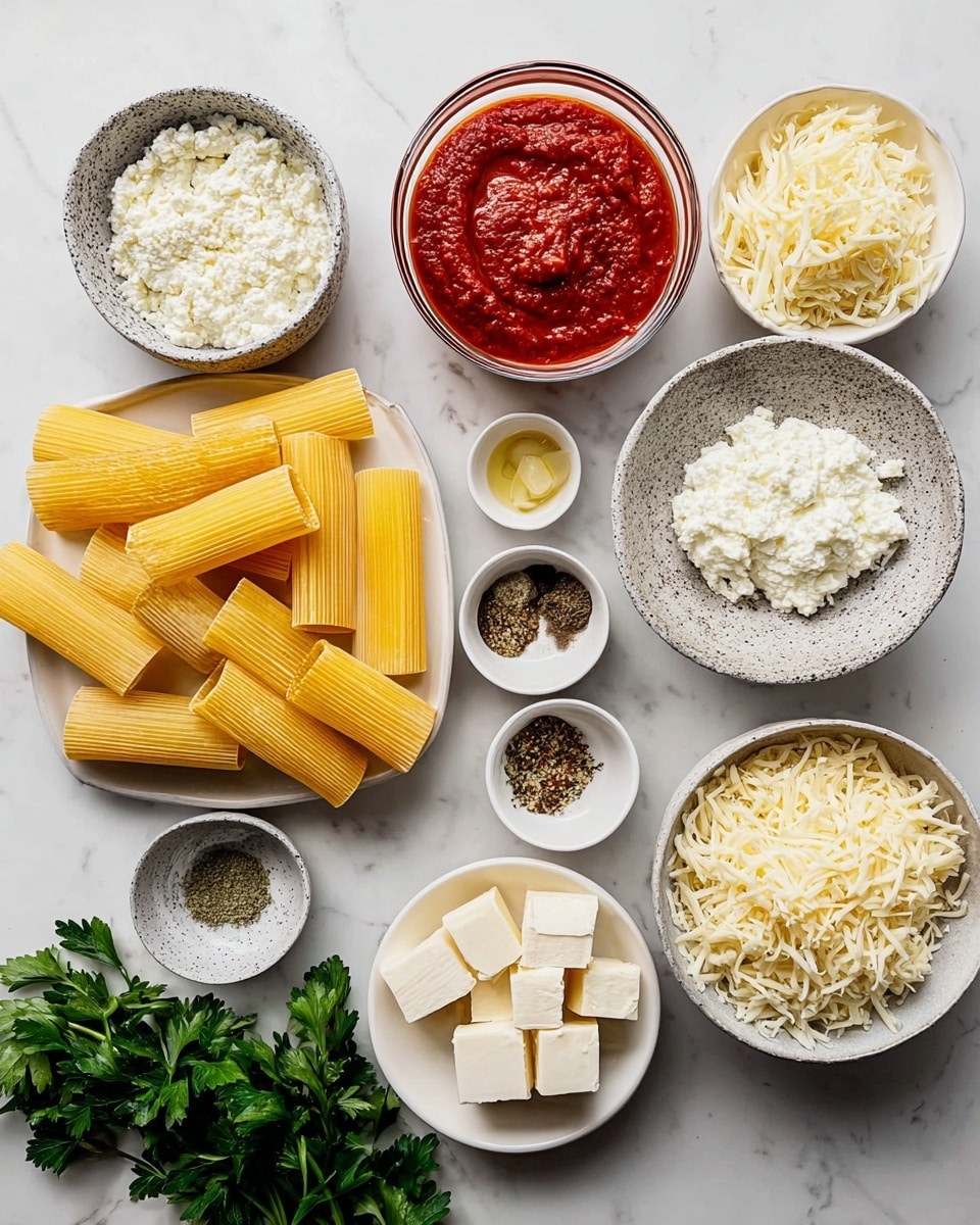This image shows a group of ingredients arranged neatly on a white marbled surface. There are large tubes of yellow dry pasta with ridges, placed next to a clear glass bowl filled with red tomato sauce. Nearby, a white bowl holds grainy white ricotta cheese, and a gray speckled bowl contains finely grated white cheese. Another white bowl is filled with shredded pale yellow cheese. A white plate holds white cheese cubes. Small dishes with minced garlic, mixed spices, salt, and dried herbs are also visible. Fresh green parsley lies at the bottom left corner. photo taken with an iphone --ar 4:5 --v 7