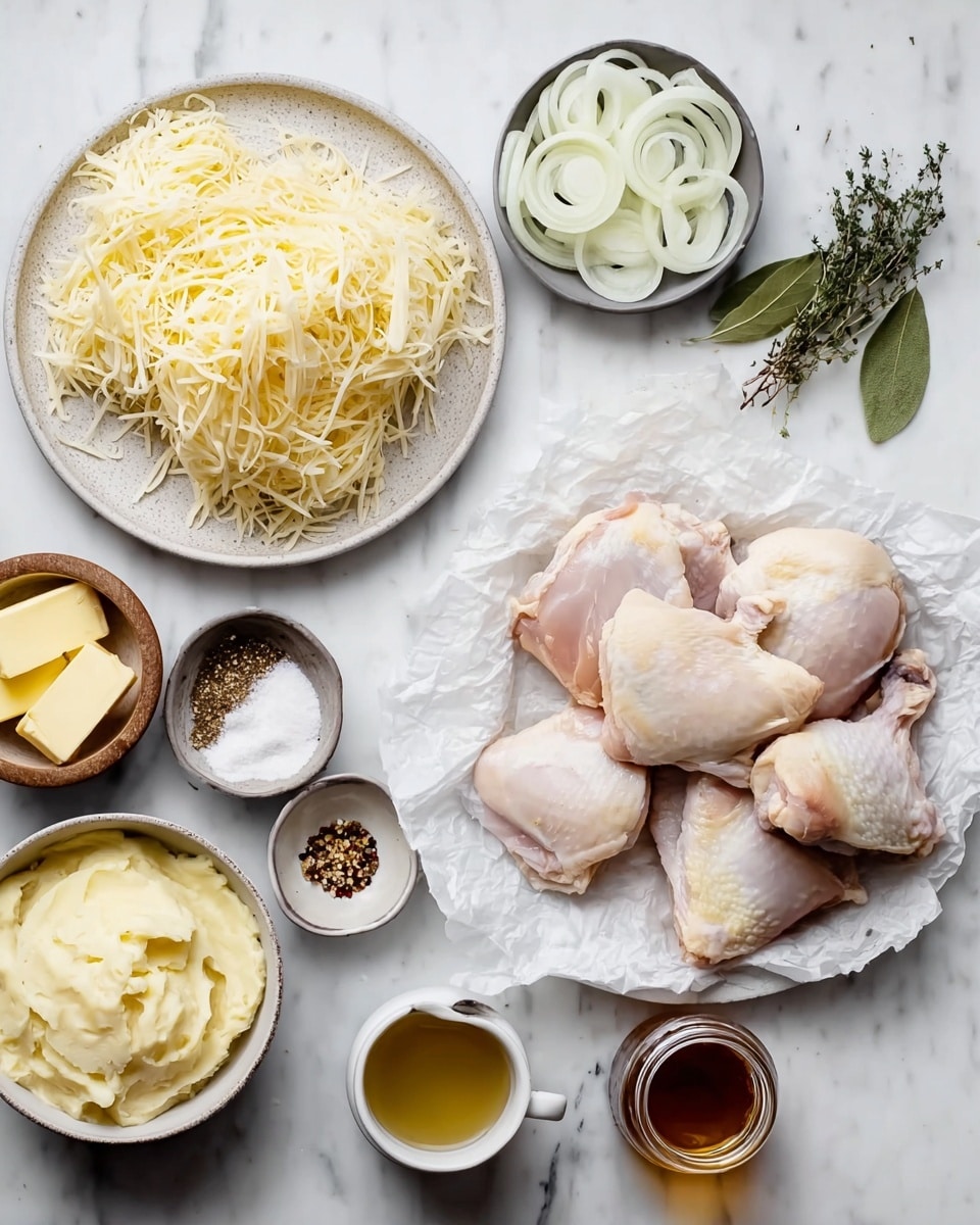 On a white marbled surface, there is a white plate piled with thin, pale yellow shredded cheese to the left of the center. Next to it, on the right center, raw chicken thighs with pale pink skin rest on crinkled white parchment paper arranged in a pile of five pieces. Above the chicken, there is a small white bowl filled with thinly sliced white onion rings. To the far left, creamy mashed potatoes with a pat of melting yellow butter are in a gray bowl. Surrounding these main items are small dishes and jars: a small white dish with two pats of yellow butter below the cheese, a small black bowl with coarse white salt to the left center, a wooden bowl with coarse black pepper near the salt, a gray dish with fresh green herbs including thyme and a bay leaf above the chicken, a small ceramic bowl with thin garlic slices near the onions, a small white bowl with brown spice slightly below that, a small white cup with golden yellow liquid below the chicken, and a glass jar with a dark amber liquid to the right below the onion bowl. The whole scene is bright and clear, photo taken with an iphone --ar 4:5 --v 7