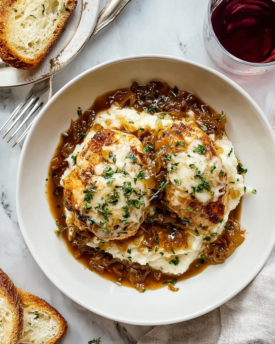 The image shows a white bowl on a white marbled surface, filled with two pieces of golden brown cooked chicken topped with melted white cheese sprinkled with chopped green herbs. Under the chicken, there is a creamy layer of white mashed potatoes. Surrounding the chicken and mashed potatoes is a layer of rich brown caramelized onions and gravy, with small bits of herbs scattered on top. To the side of the bowl, there is a silver fork and part of a torn piece of toasted bread on a white plate. A glass with red liquid is also partly visible near the top right corner of the image. Photo taken with an iphone --ar 4:5 --v 7
